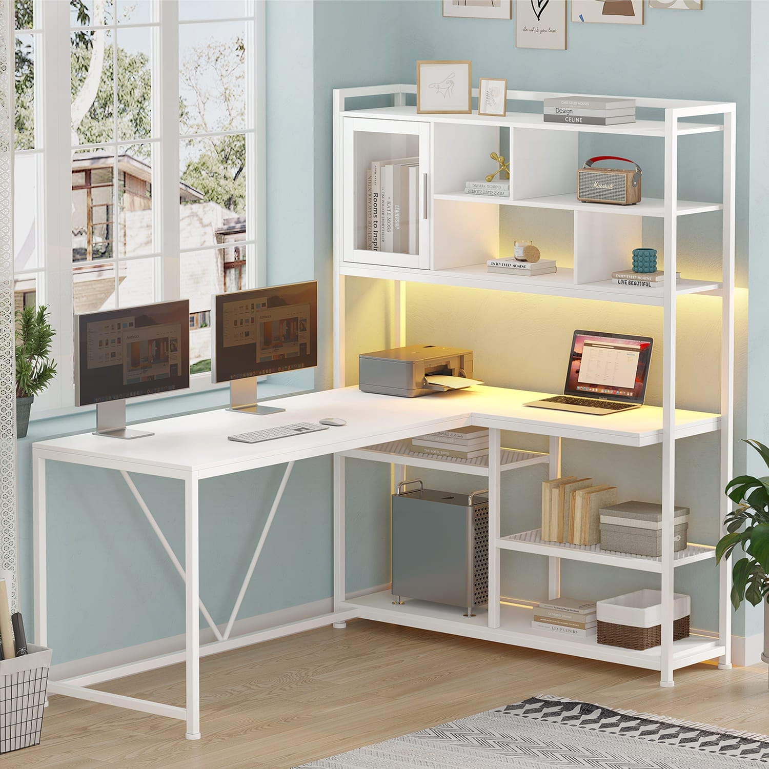 Sikaic Gaming Desk 58 Inches L Shape Corner Gaming Desk with LED Light Bookshelf White