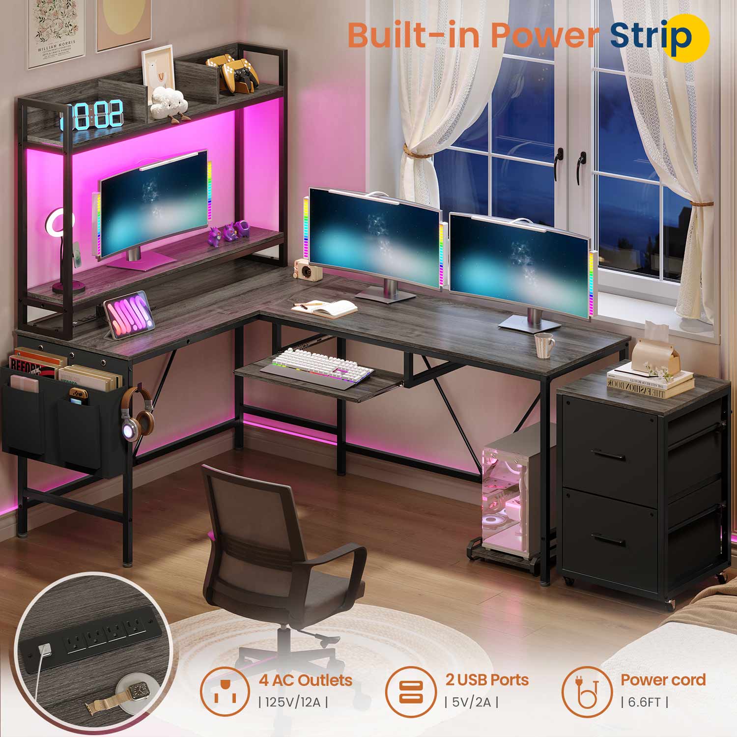 Sikaic Gaming Desk 67 Inches Led L Shaped Reversible Corner Gaming Desk with Power Outlet & Drawer File Cabinet Keyboard Tray Dark Grey