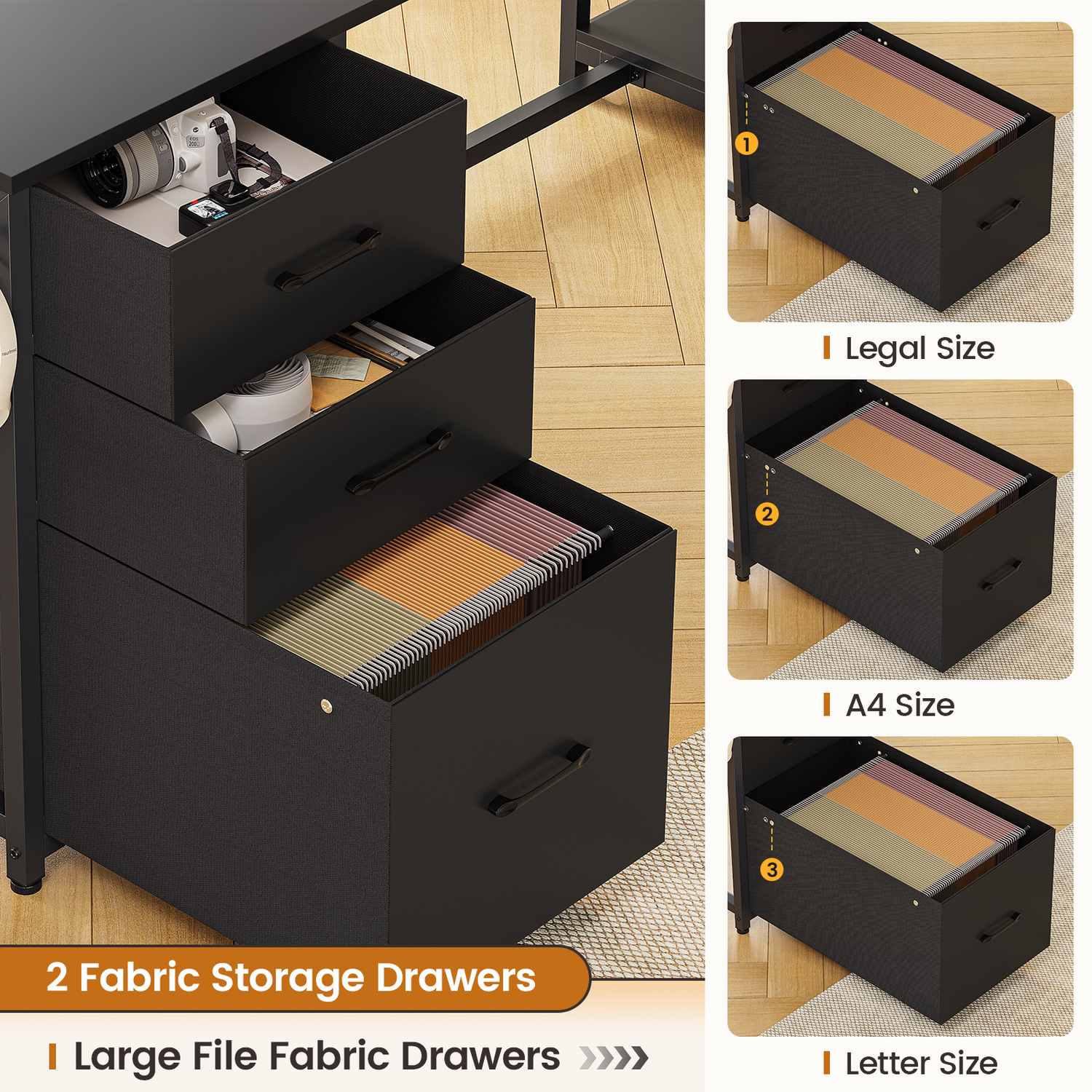 Sikaic Gaming Desk 58 Inches L Shaped Gaming Desk with LED Light 3 Drawers and Bookshelf Storage Shelves Black