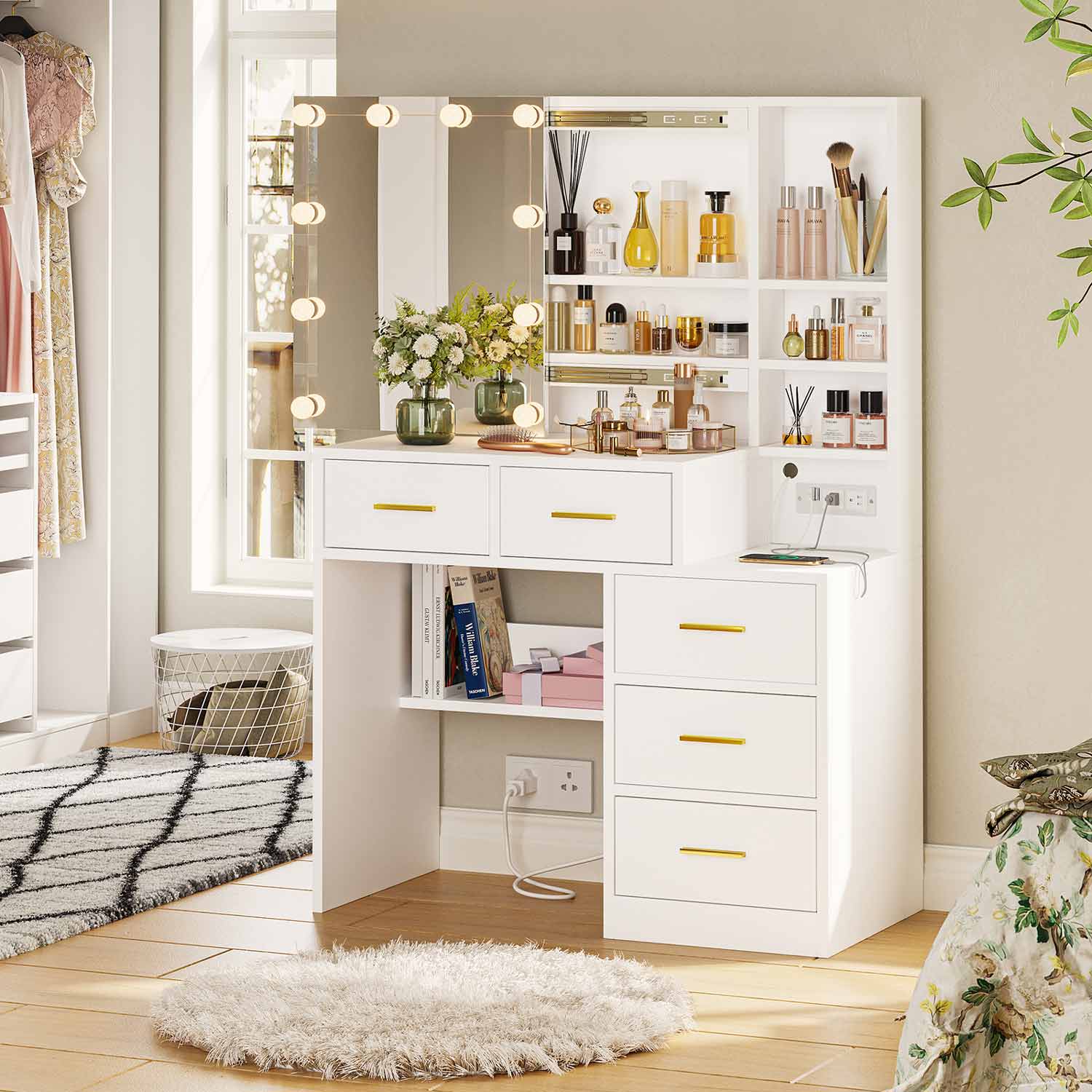 Sikaic Makeup Vanity 5 Drawers LED Makeup Vanity Desk with Sliding Mirror Charging Station Hidden and Open Storage Shelves White