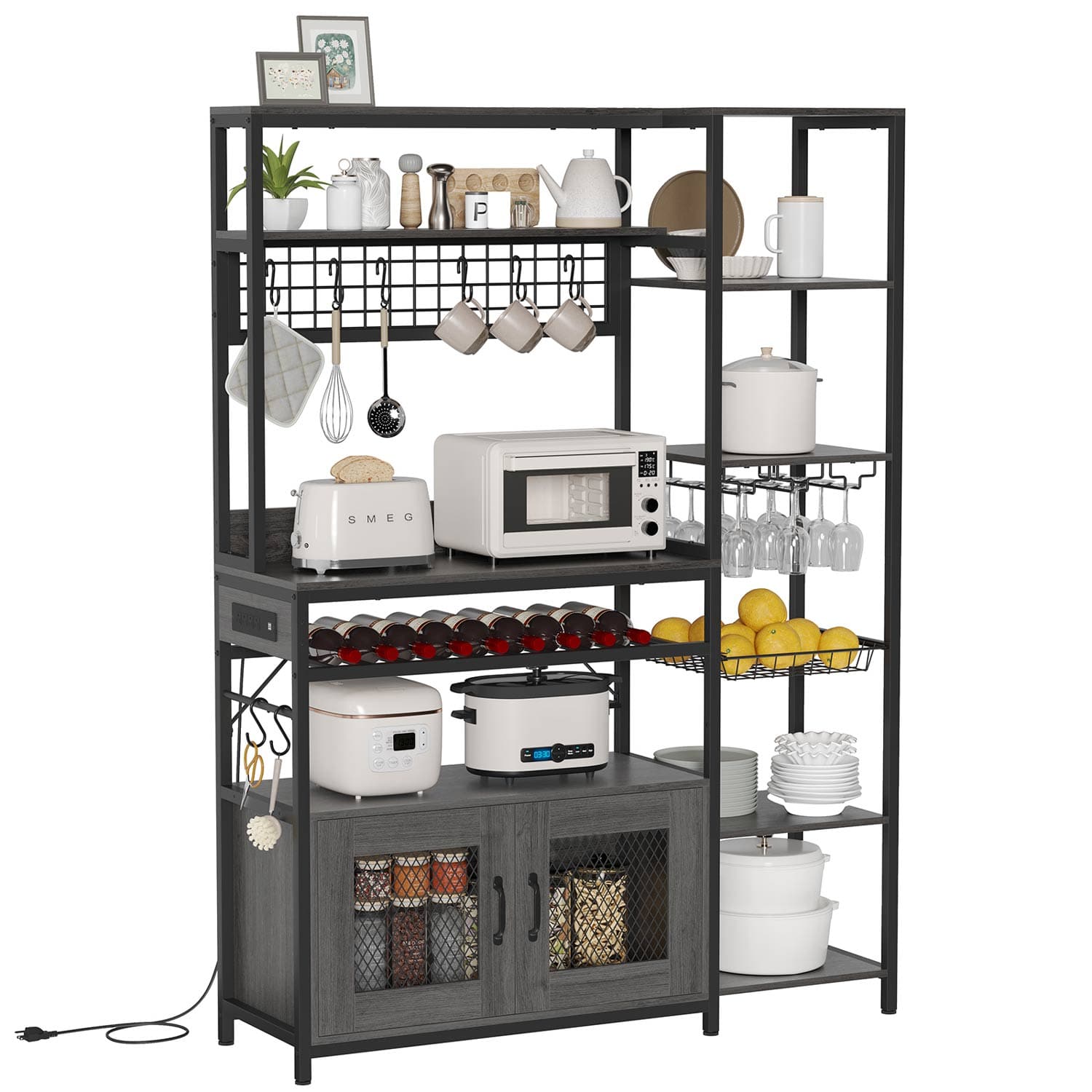Sikaic Coffee Bar Coffee Bar Bakers Rack with Power Outlet Kitchen Microwave Stand Wire Basket Metal Grid Wine Rack Goblet Holder Hooks Grey