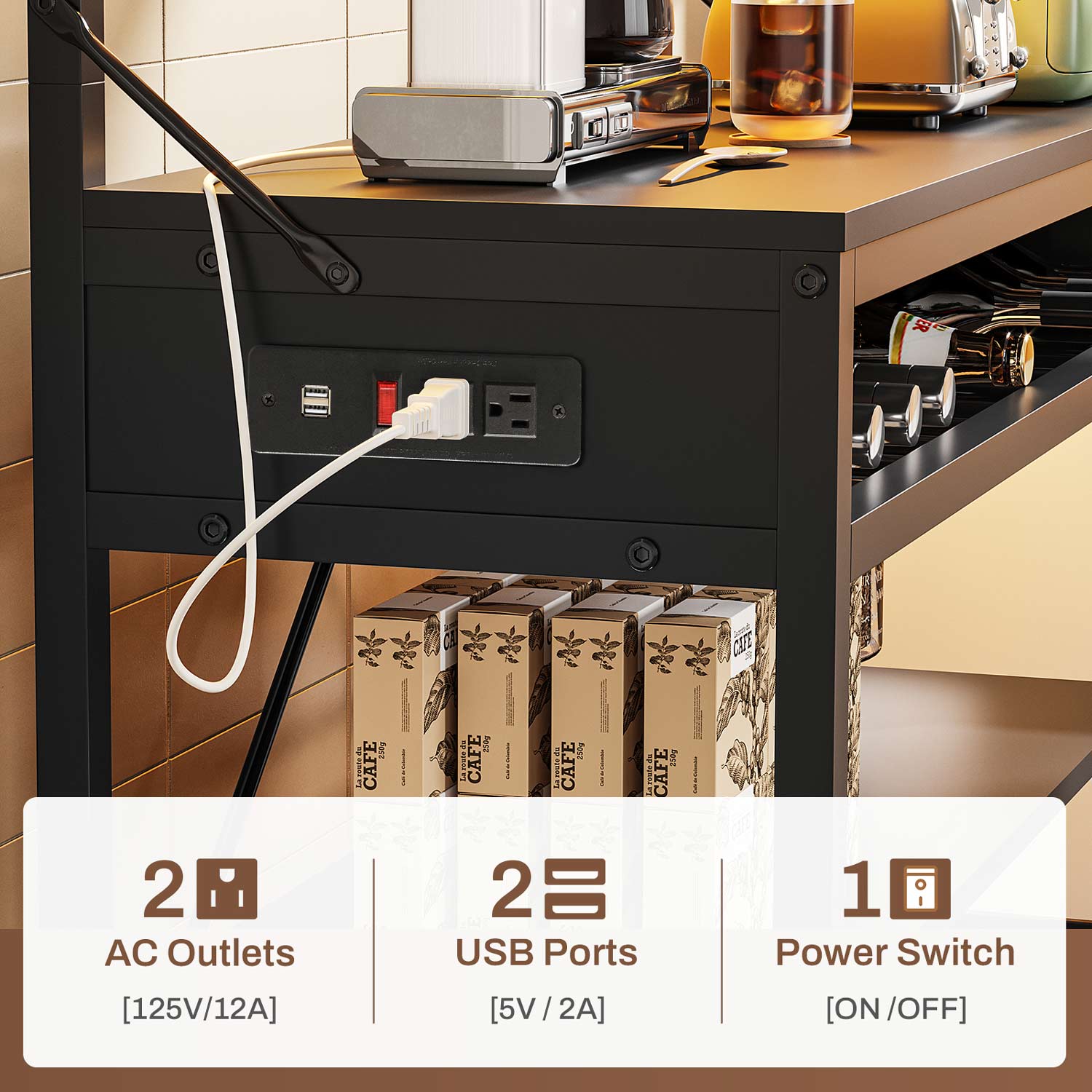 Sikaic Bakers Rack LED Bakers Rack with Power Outlet Storage Black