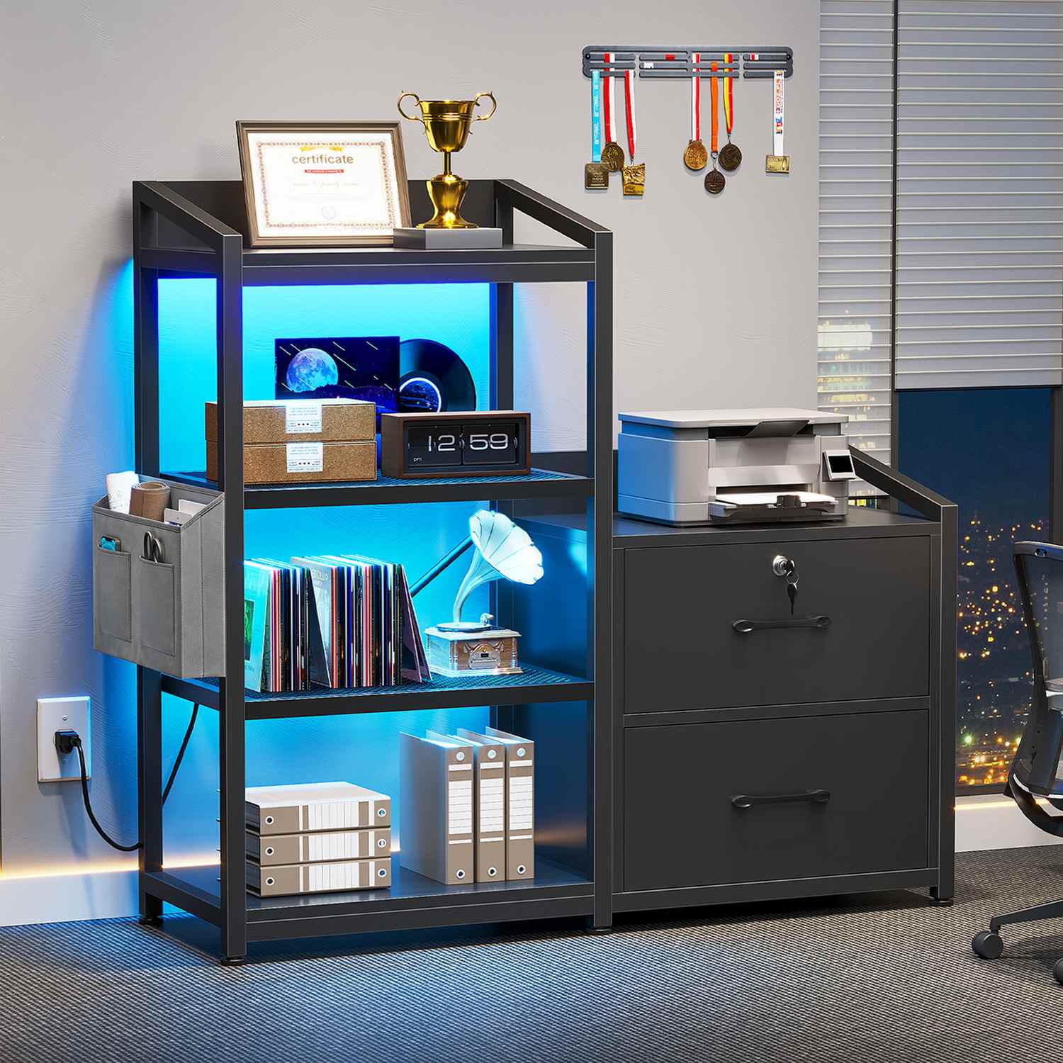 Sikaic File Cabinet 35.4 inches LED File Cabinet Power Strip with 2 Drawe fits Letter/A4 Size Black
