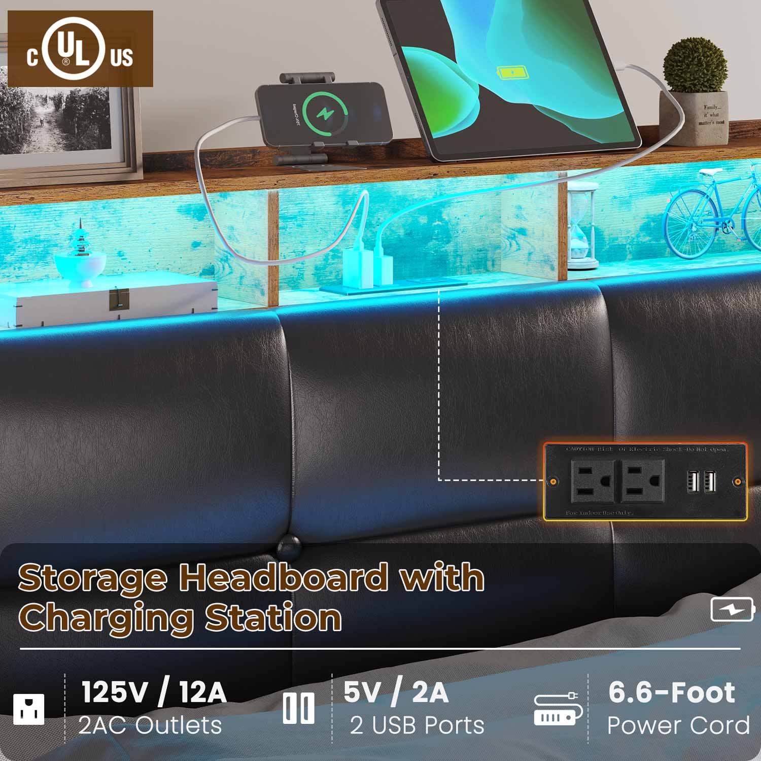 Sikaic Bed Frame Twin Size 4 Storage Drawers LED Bed Frame with Charging Station Black