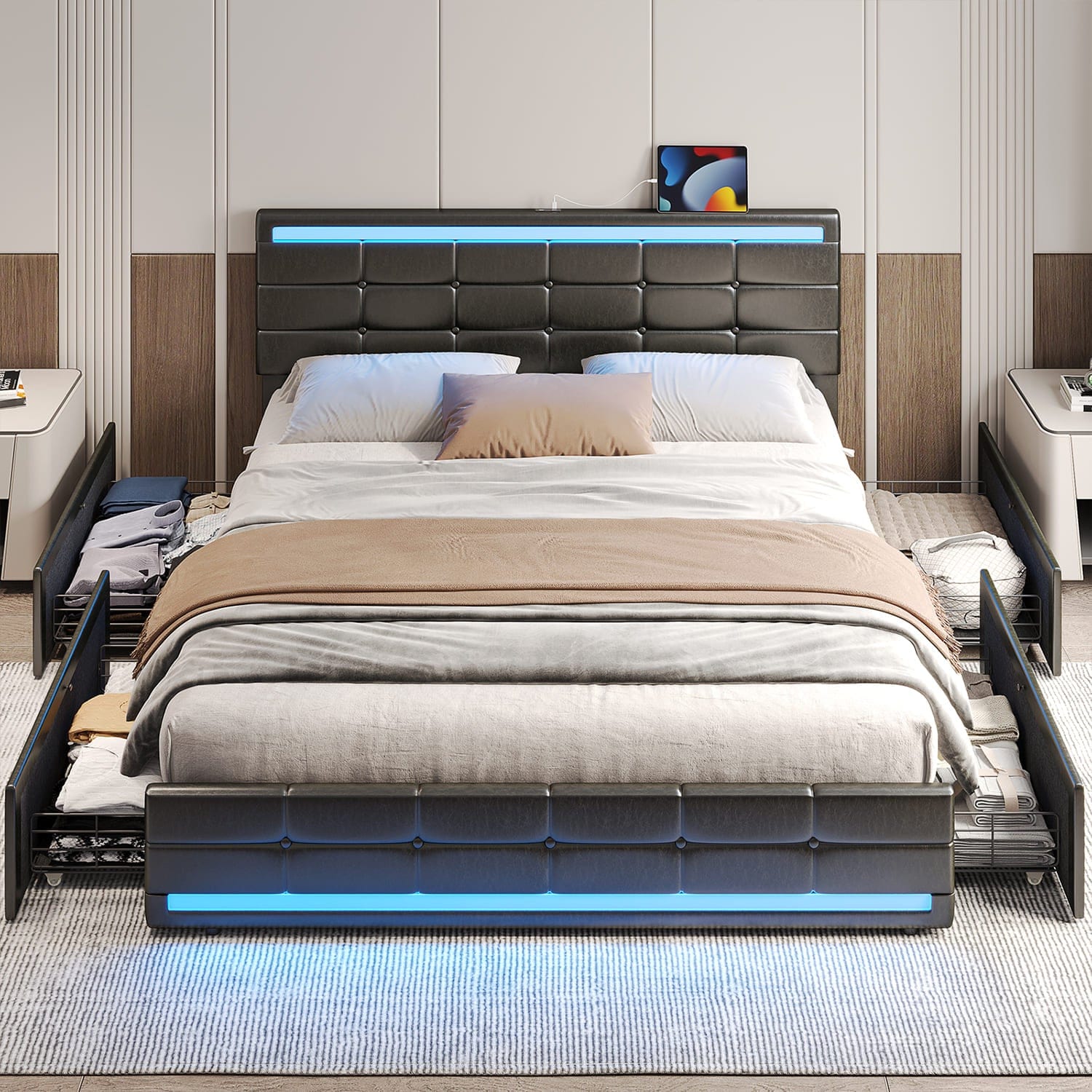 Sikaic LED Bed Frame with Storage Drawers Leather Platform Adjustable Headboard Storage Drawers and Charging Station Black