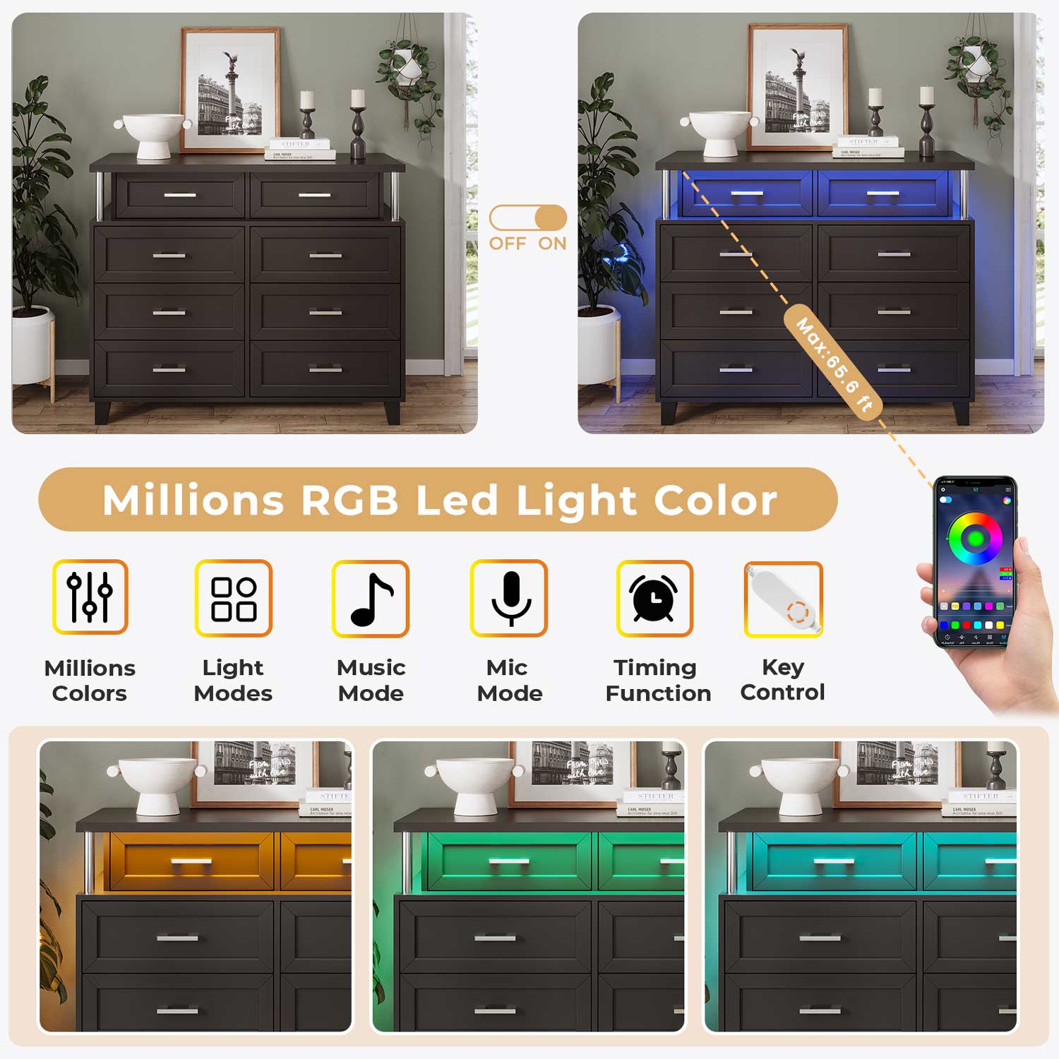 Sikaic Dresser 8 Drawers Dresser with Column Design & Led Lights Black