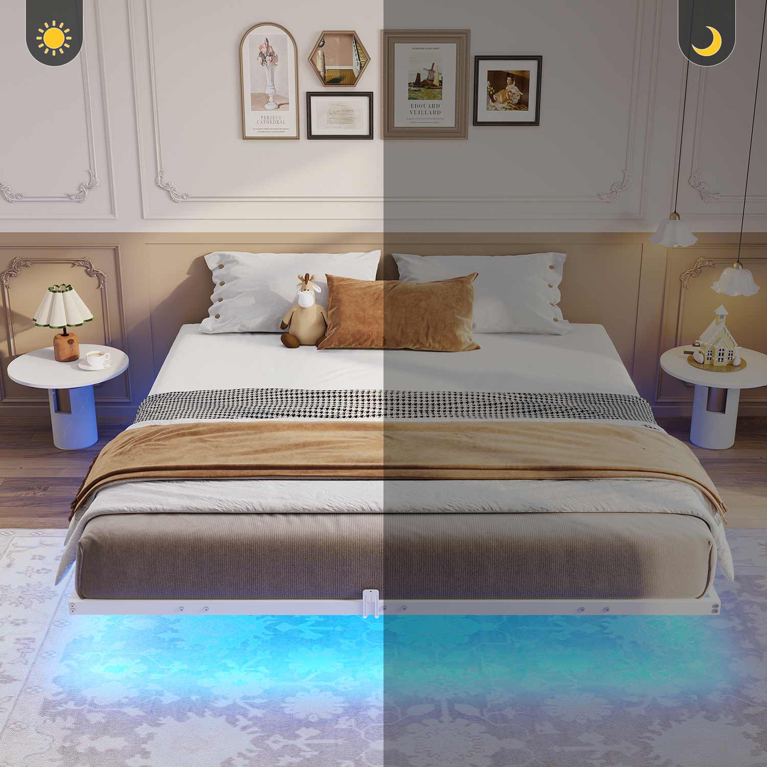 Sikaic Bed Frame Floating Bed Frame with LED Lights Metal Platform No Box Spring Needed White