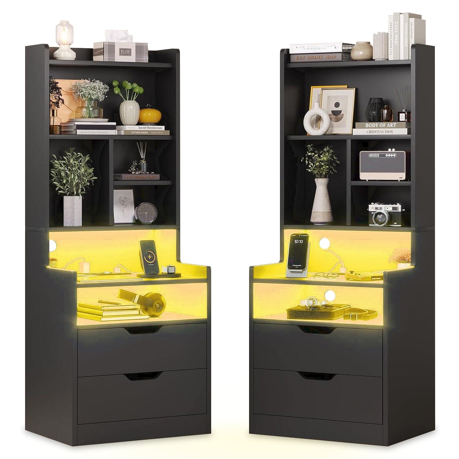 Sikaic Nightstand 2PCS LED Nightstand with Bookshelf Black Black / Engineered Wood / Modern