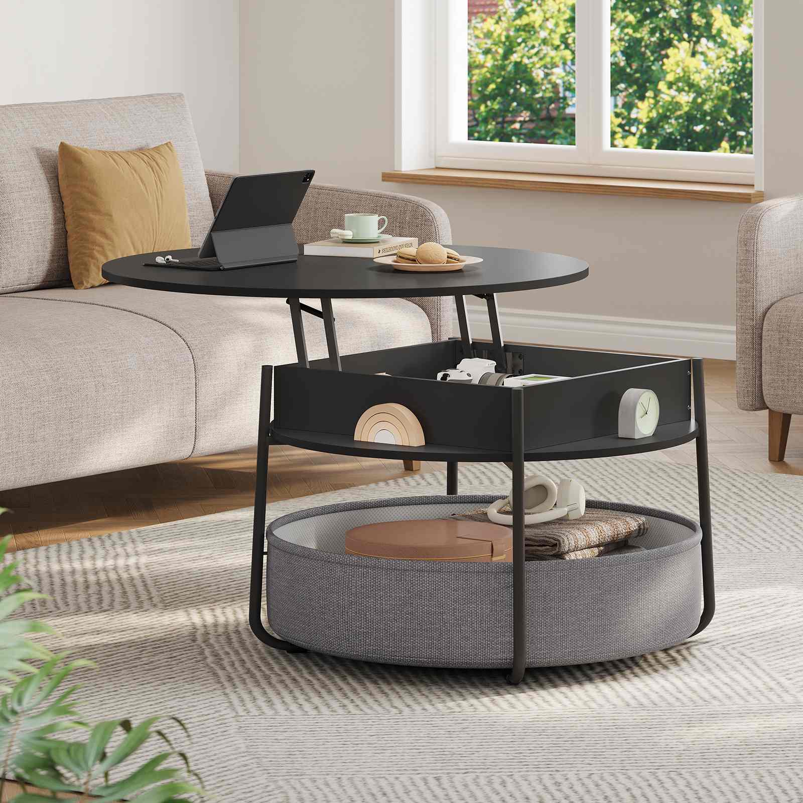 Sikaic Coffee Table Lift Top Round Coffee Table with Fabric Basket Black Black / Engineered Wood / Modern