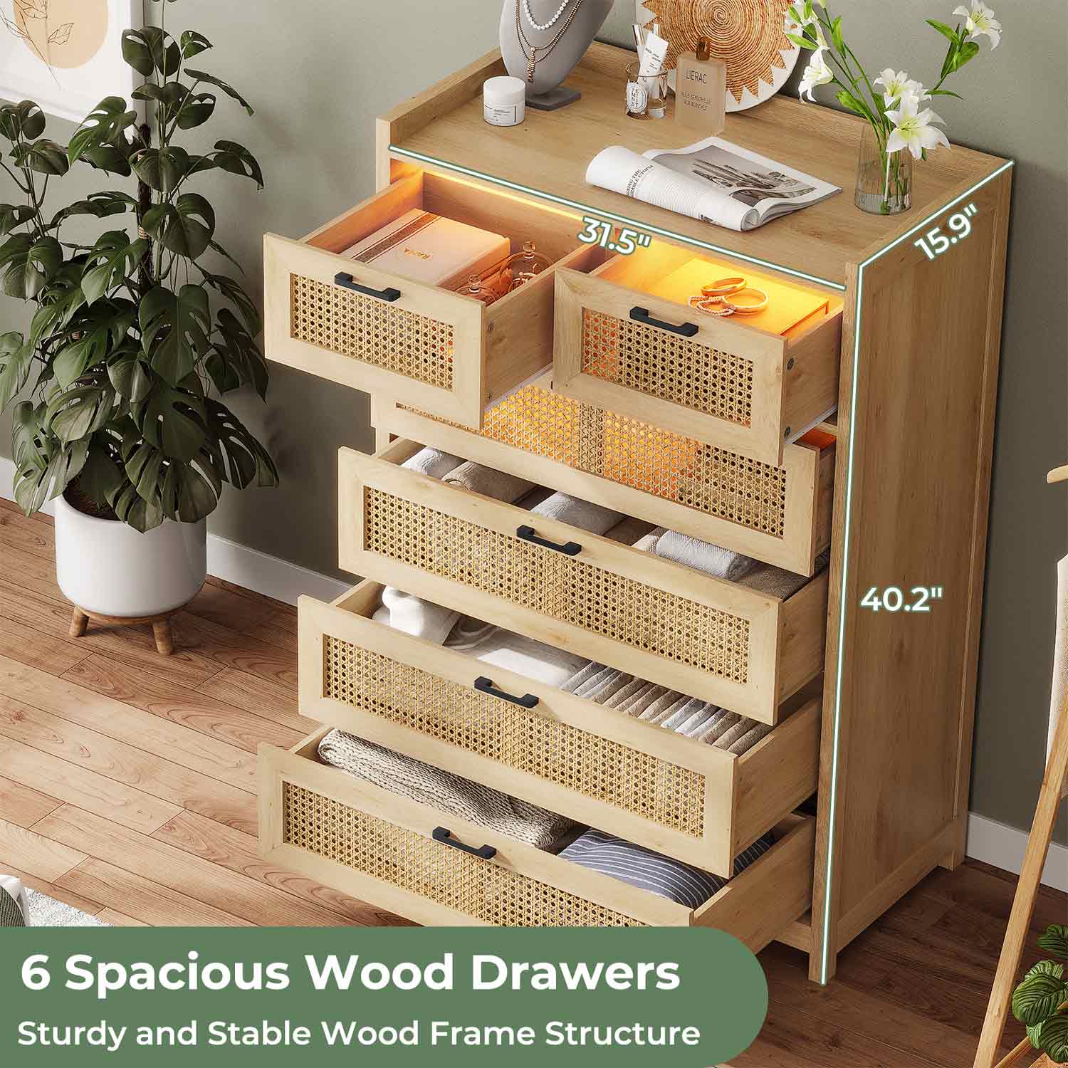 Sikaic Dressers 6 Drawers Tall Dresser for Bedroom Natural Rattan