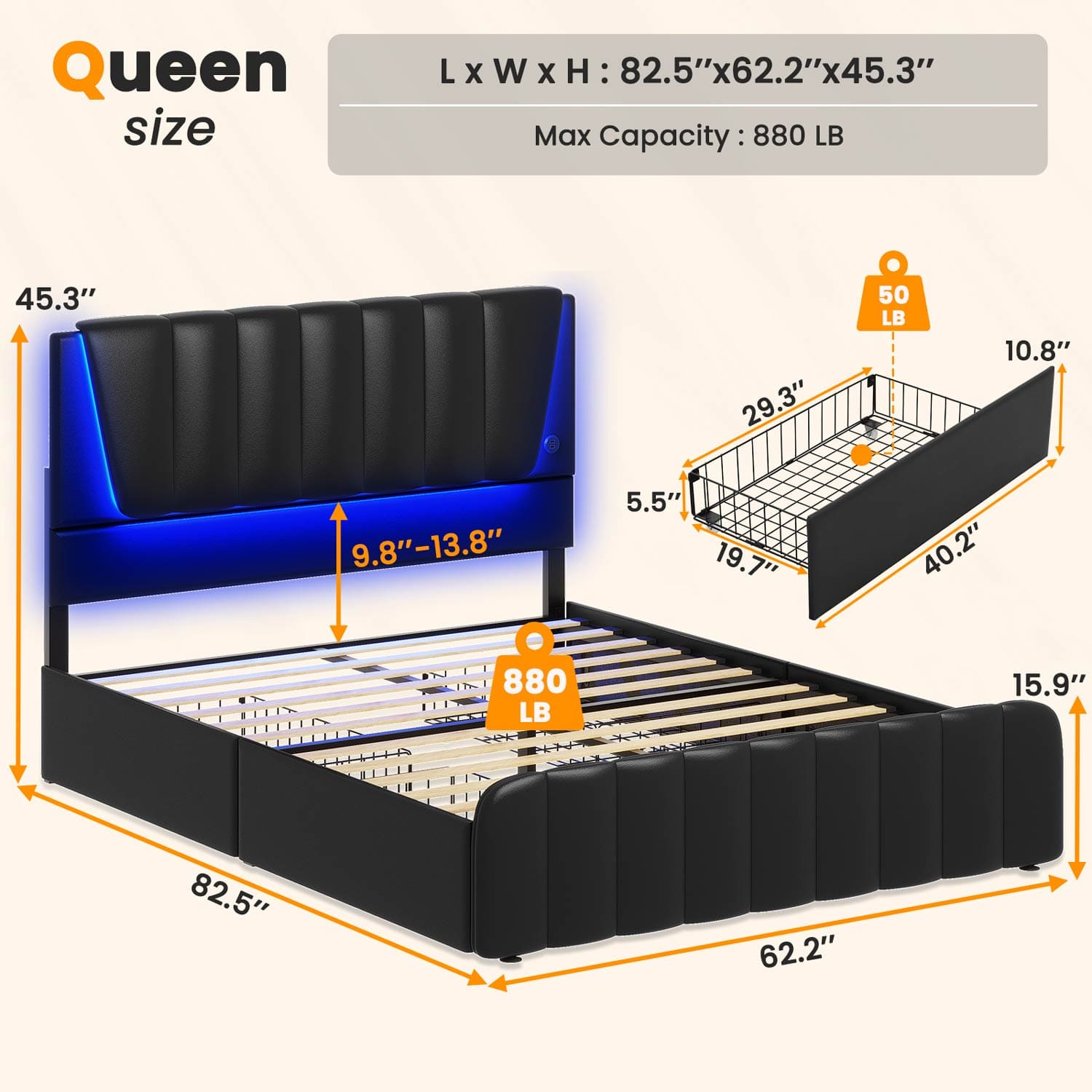 Sikaic Beds & Bed Frames LED Bed Frame with USB Ports Adjustable Headboard and 4 Storage Drawers Black