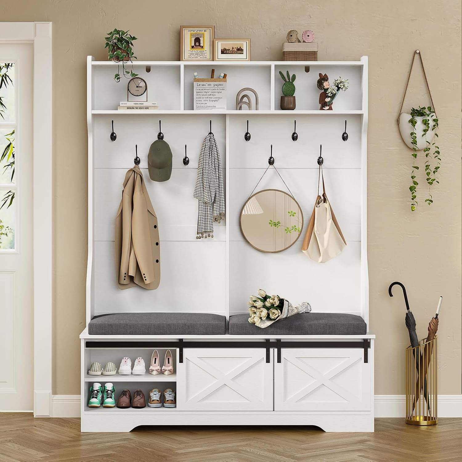 Sikaic Hall Tree 60 Inches Hall Tree with Bench and Shoe Storage White White / Engineered Wood / Farmhouse