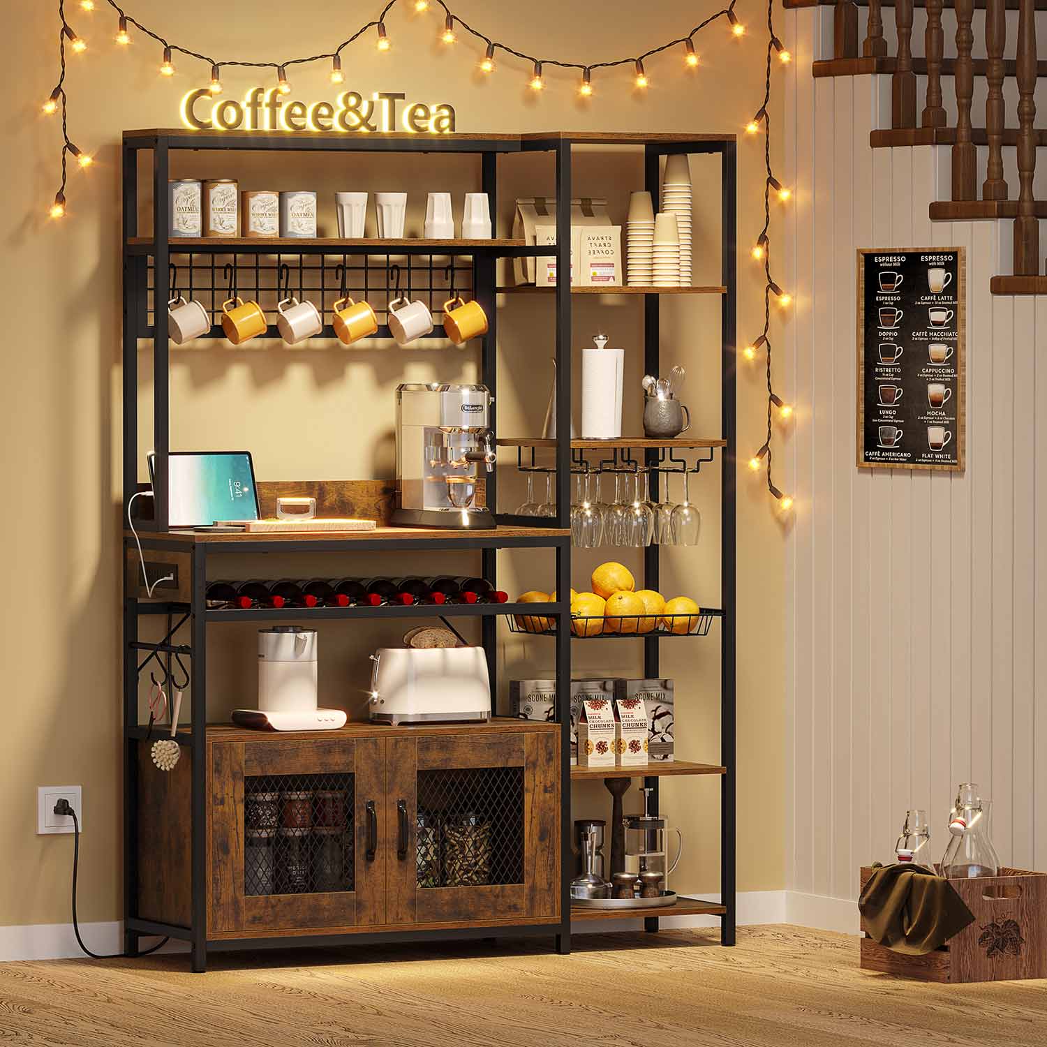 Sikaic Coffee Bar Coffee Bar Bakers Rack with Power Outlet Kitchen Microwave Stand Wire Basket Metal Grid Wine Rack Goblet Holder Hooks Brown