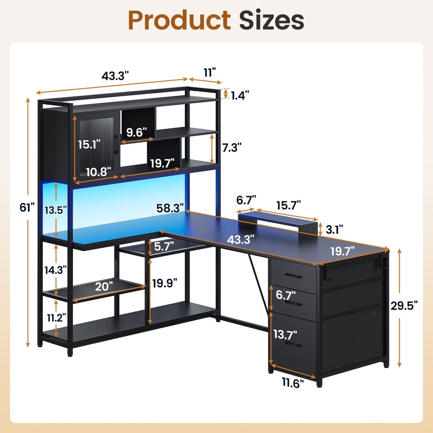Sikaic Gaming Desk 58 Inches L Shaped Gaming Desk with LED Light 3 Drawers and Bookshelf Storage Shelves Black