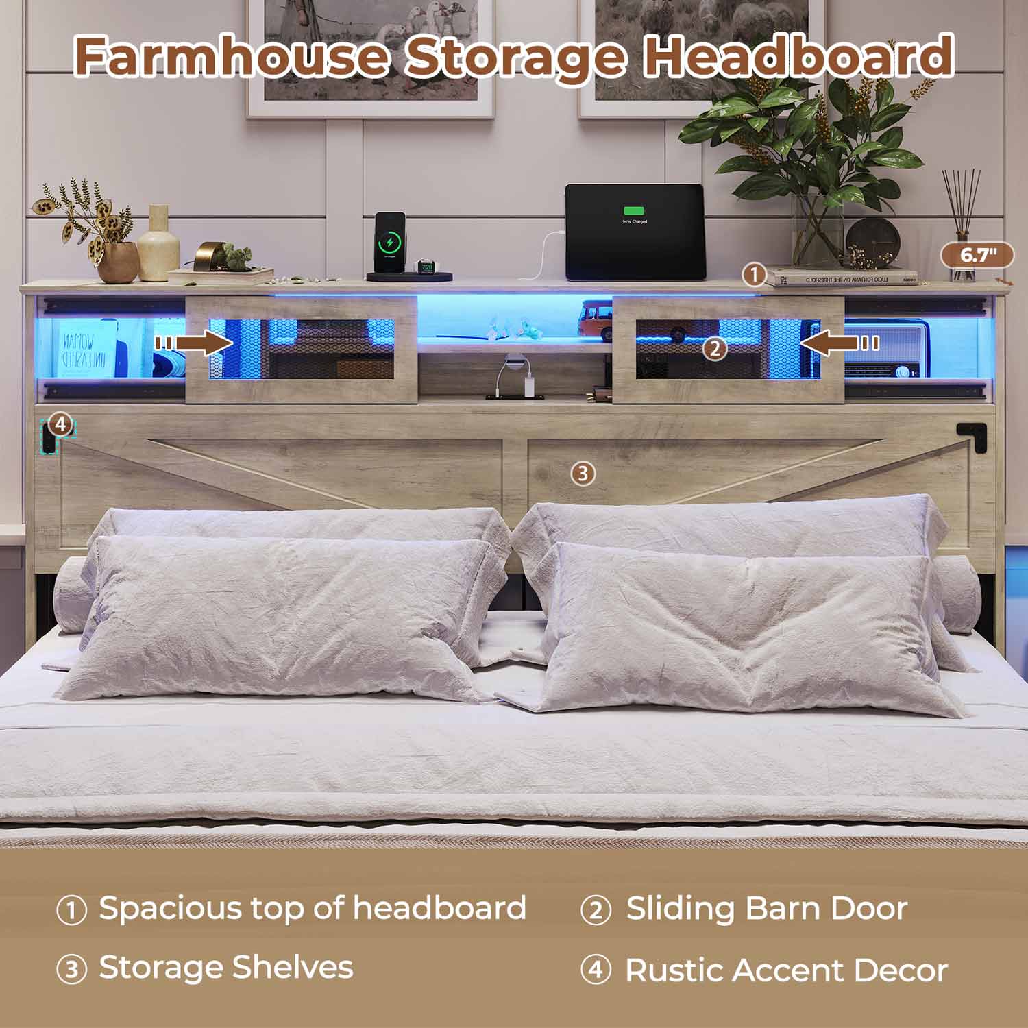 Sikaic Bed Frame Farmhouse Wooden Platform Bed Frame with Bookcase Sliding Door Headboard Drawers LED Lights Charging Station Rustic Oak
