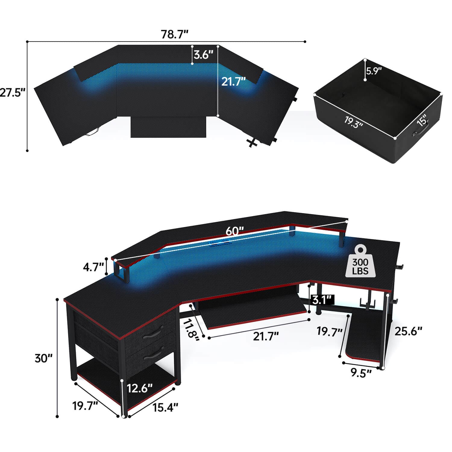 Sikaic 79" L Shaped LED Gaming Desk with 2 Fabric Drawers Storage Shelf Black&Red