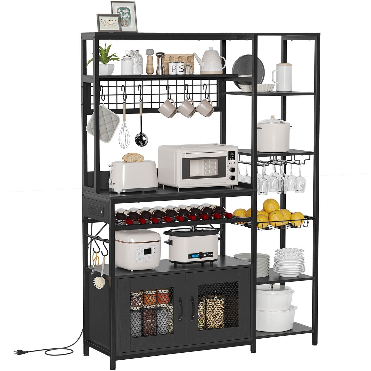 Sikaic Coffee Bar Coffee Bar Bakers Rack with Power Outlet Kitchen Microwave Stand Wire Basket Metal Grid Wine Rack Goblet Holder Hooks Black