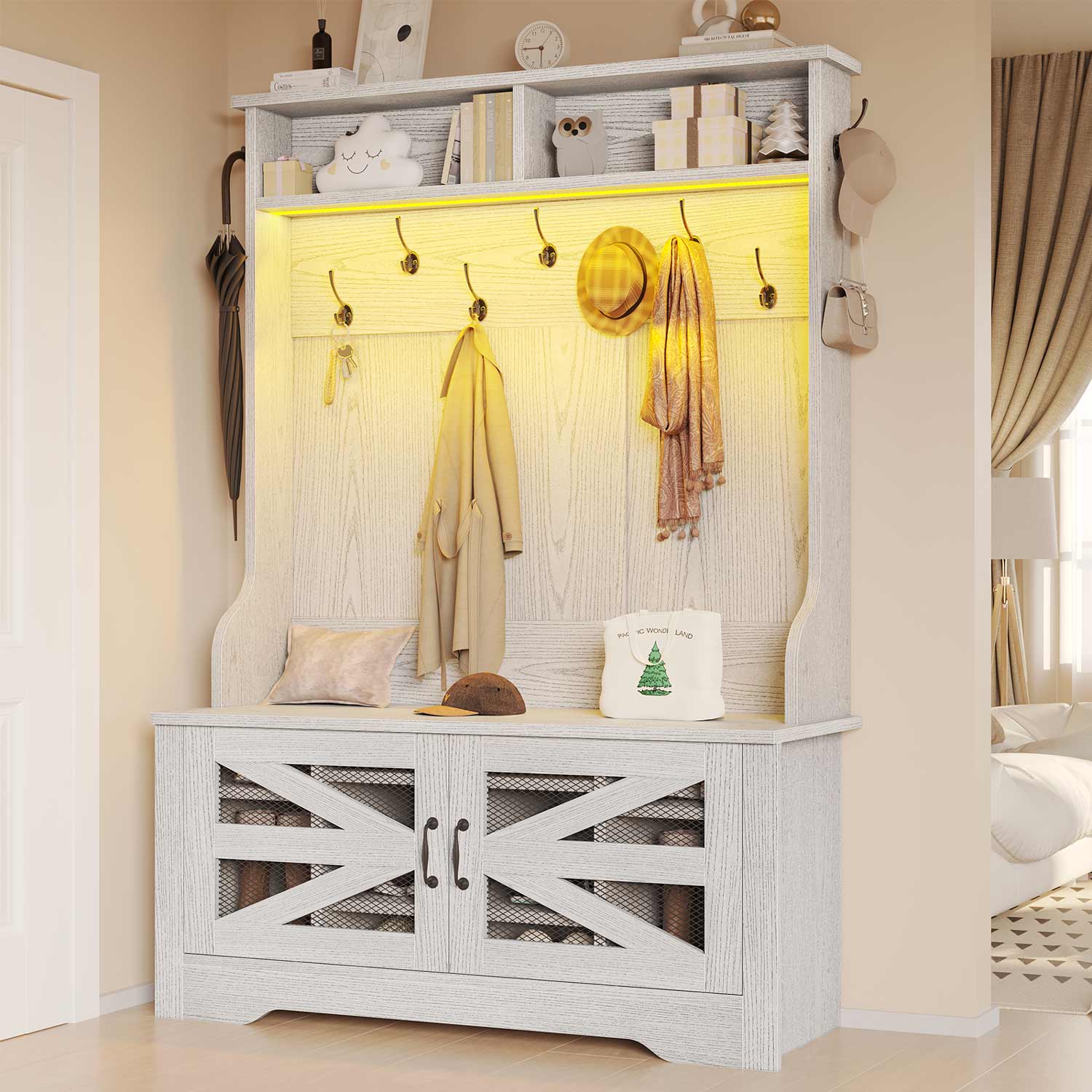 Sikaic Hall Tree Hall Tree with Bench and Shoe Storage Embossed White