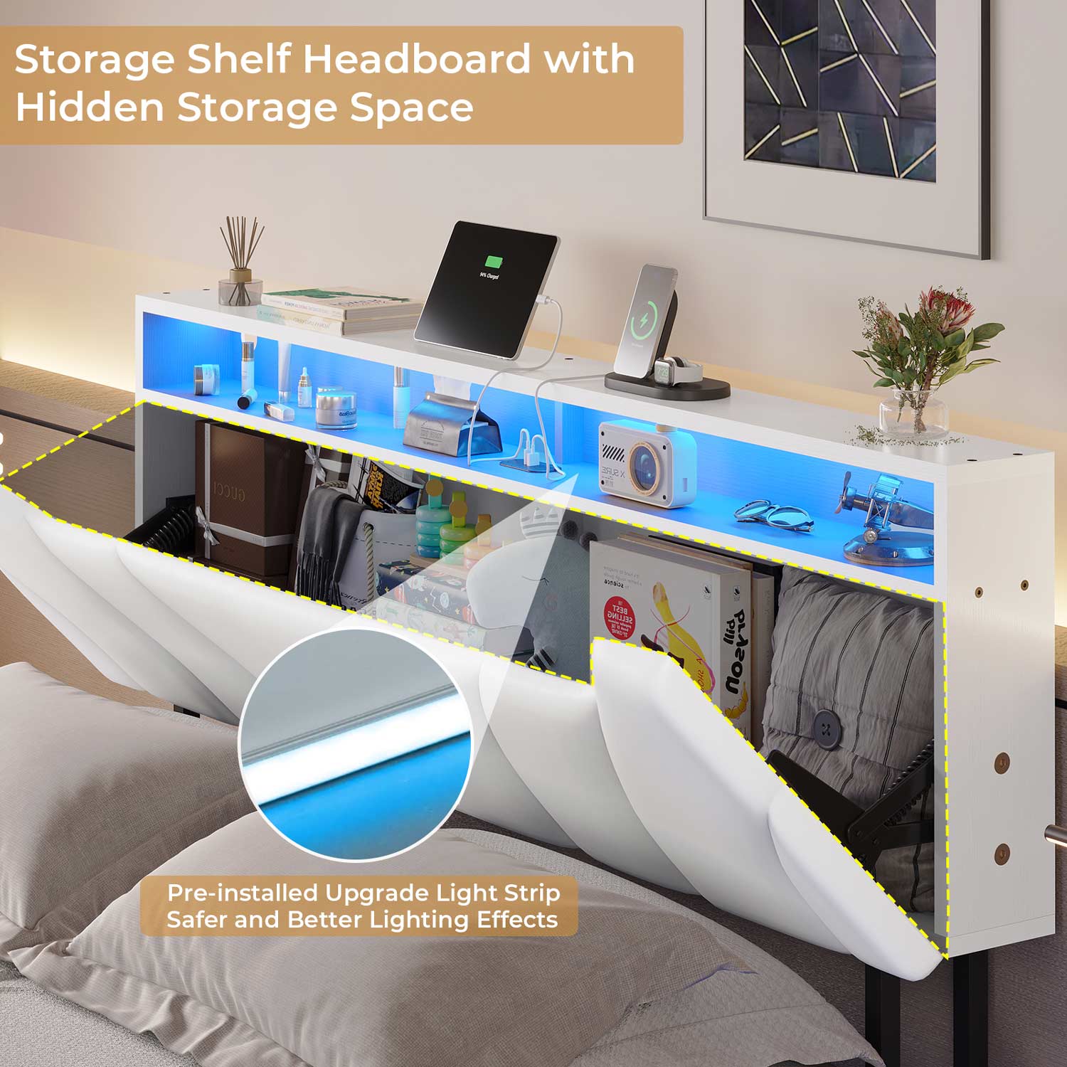 Sikaic Beds & Bed Frames Floating Upholstered Leather Platform Bed Frame with LED Lights Storage Headboard and Charging Station White