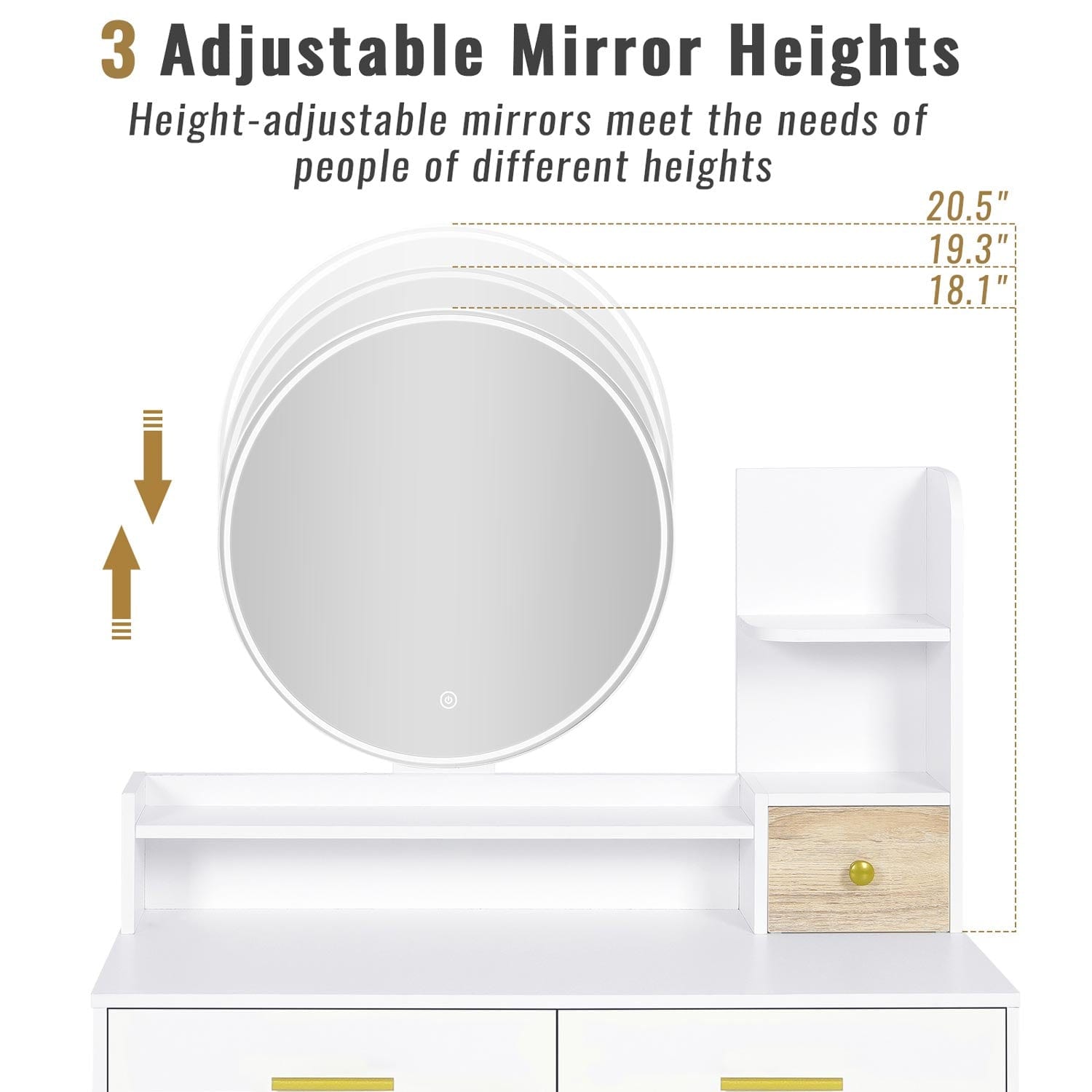 Sikaic Makeup Vanity LED Touch Screen Makeup Vanity Mirror with Nightstand and Open Shelves Storage Drawers White