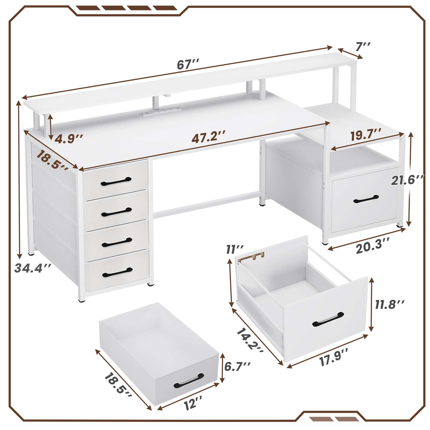 Sikaic Gaming Desk 66 inches LED Gaming Desk with File Drawer Power Outlet  Printer Cabinet and Monitor Shelf White