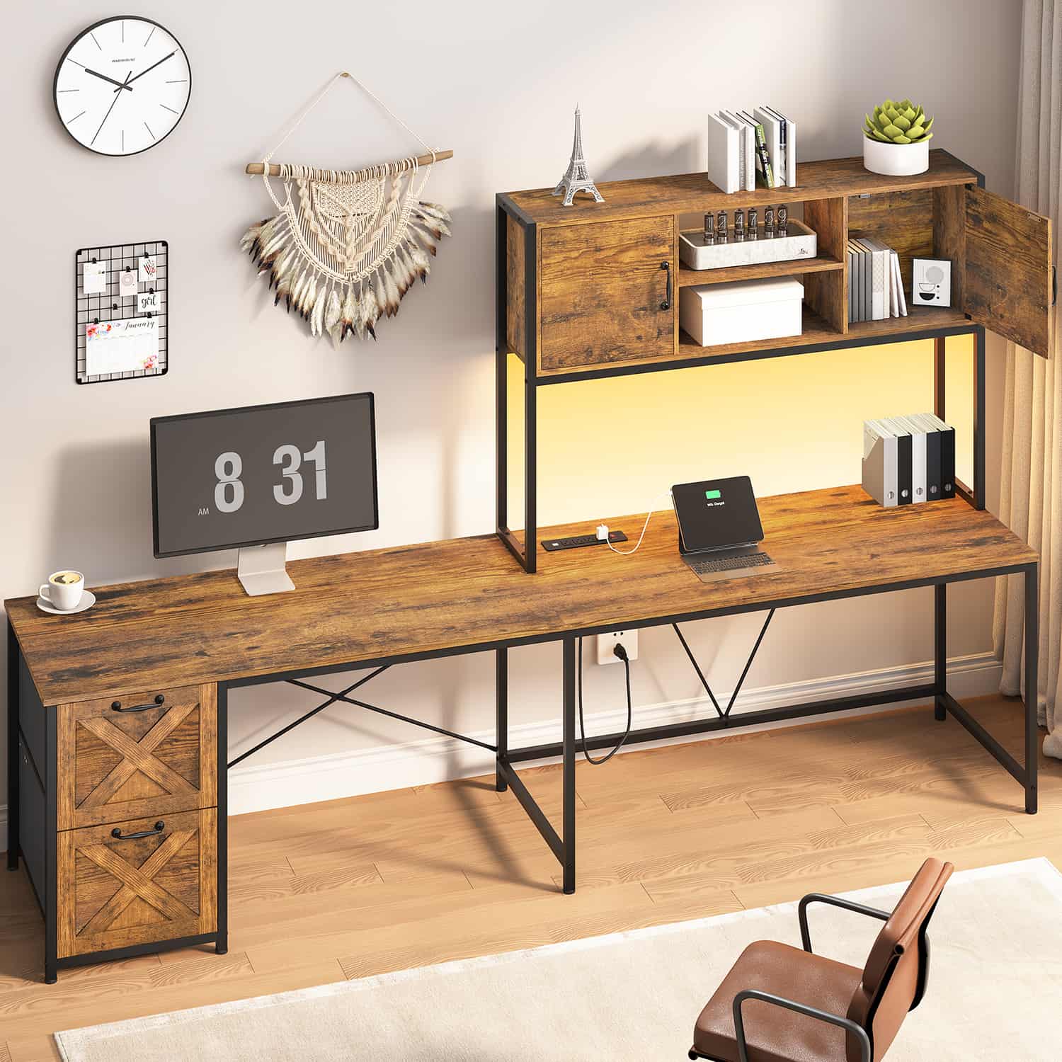 Sikaic Gaming Desk LED lights L Shaped Gaming Desk with Fabric File Drawers and Power Outlet Hutch & Storage Shelves Rustic Brown