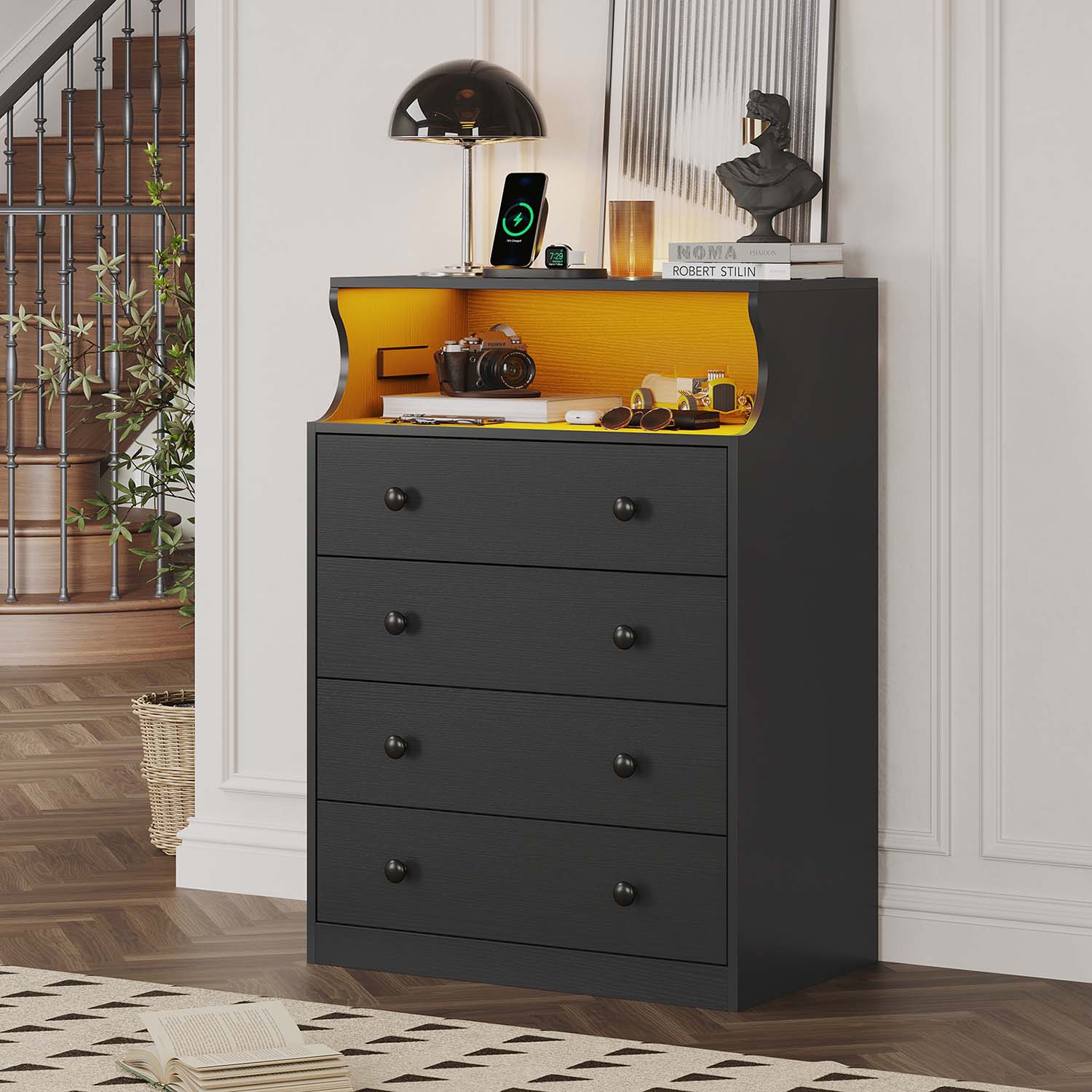 Sikaic Dresser 4 Drawers LED Dresser with Charging Station and Open Space Large Capacity Tall Storage Cabinet Black