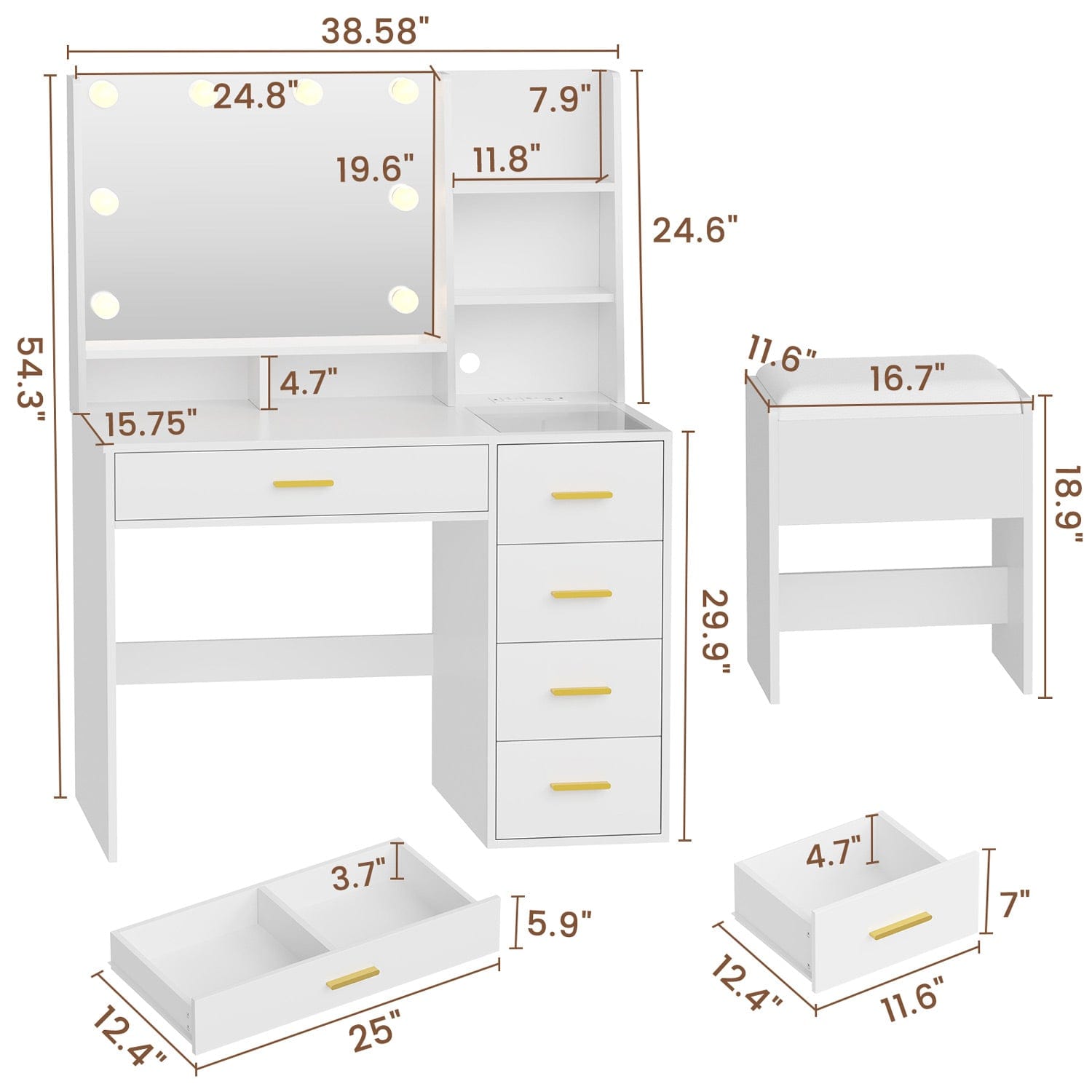 Sikaic Makeup Vanity LED Makeup Vanity Set with Mirror Cushioned Stool Charging Station Open Storage Shelves White