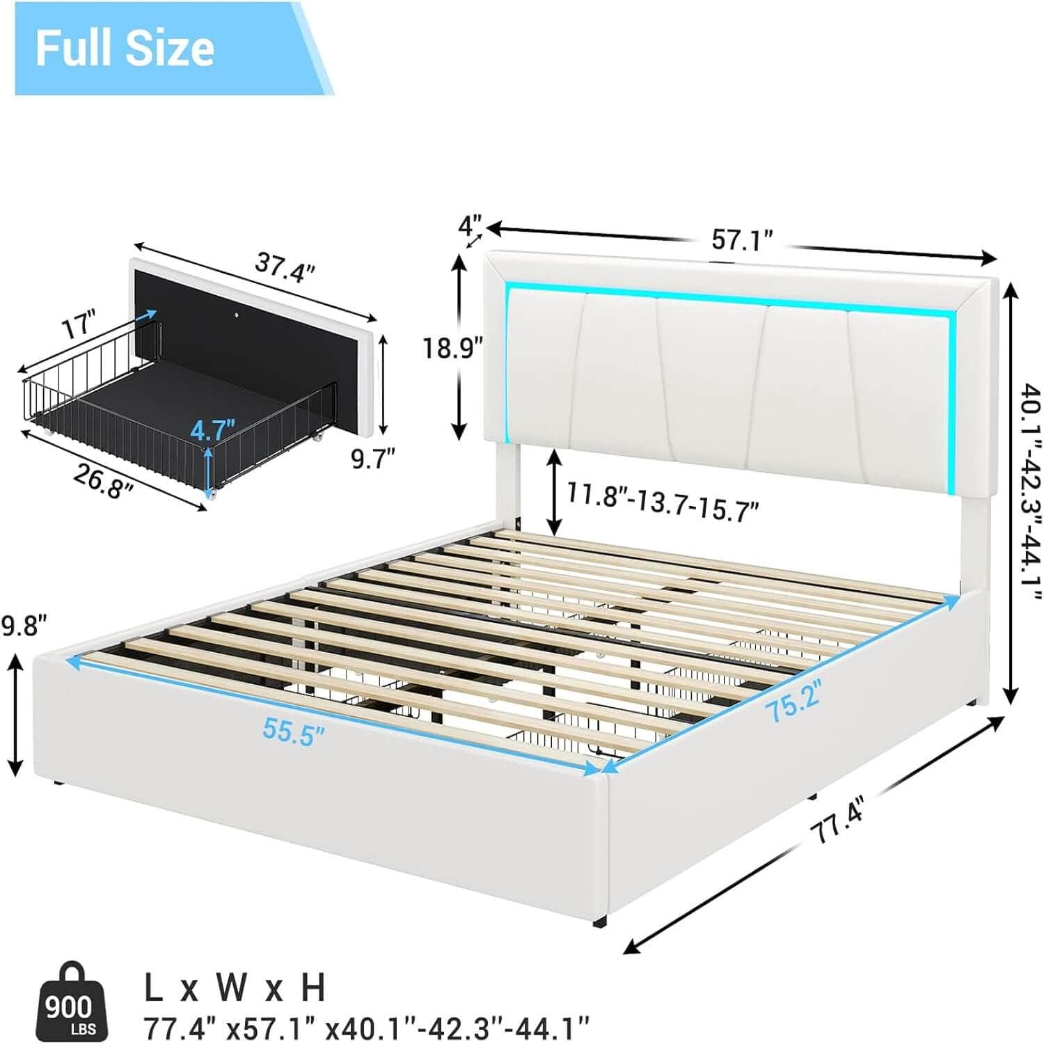 Sikaic Bed Frame PRE-SALE Faux Leather Platform LED Bed Frame with Storage Drawers and USB Ports Adjustable Headboard White