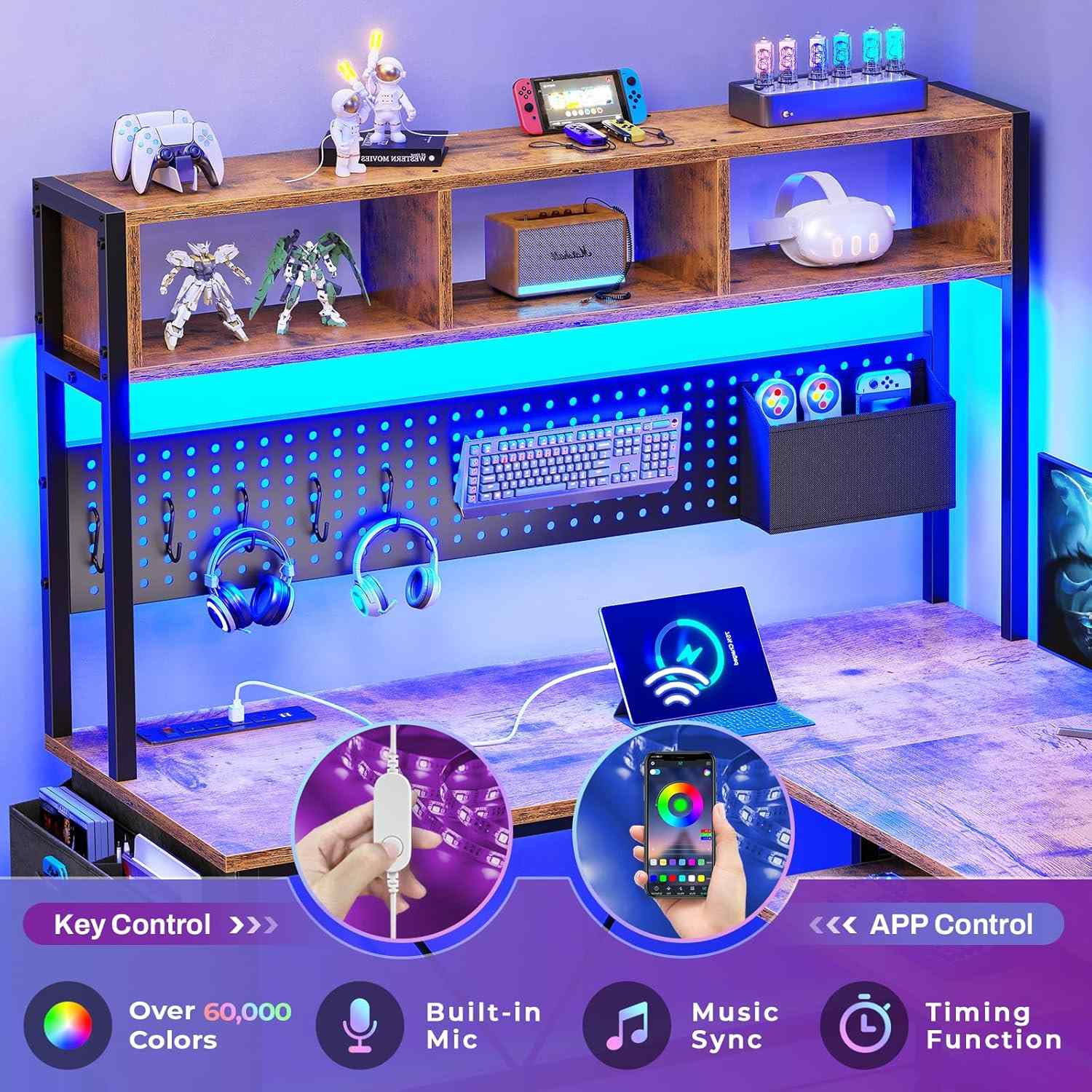 Sikaic Gaming Desk 57.5 Inches Reversible L Shaped Gaming Desk with LED Lights and Power Outlet Rustic Brown Brown / Engineered Wood / Modern