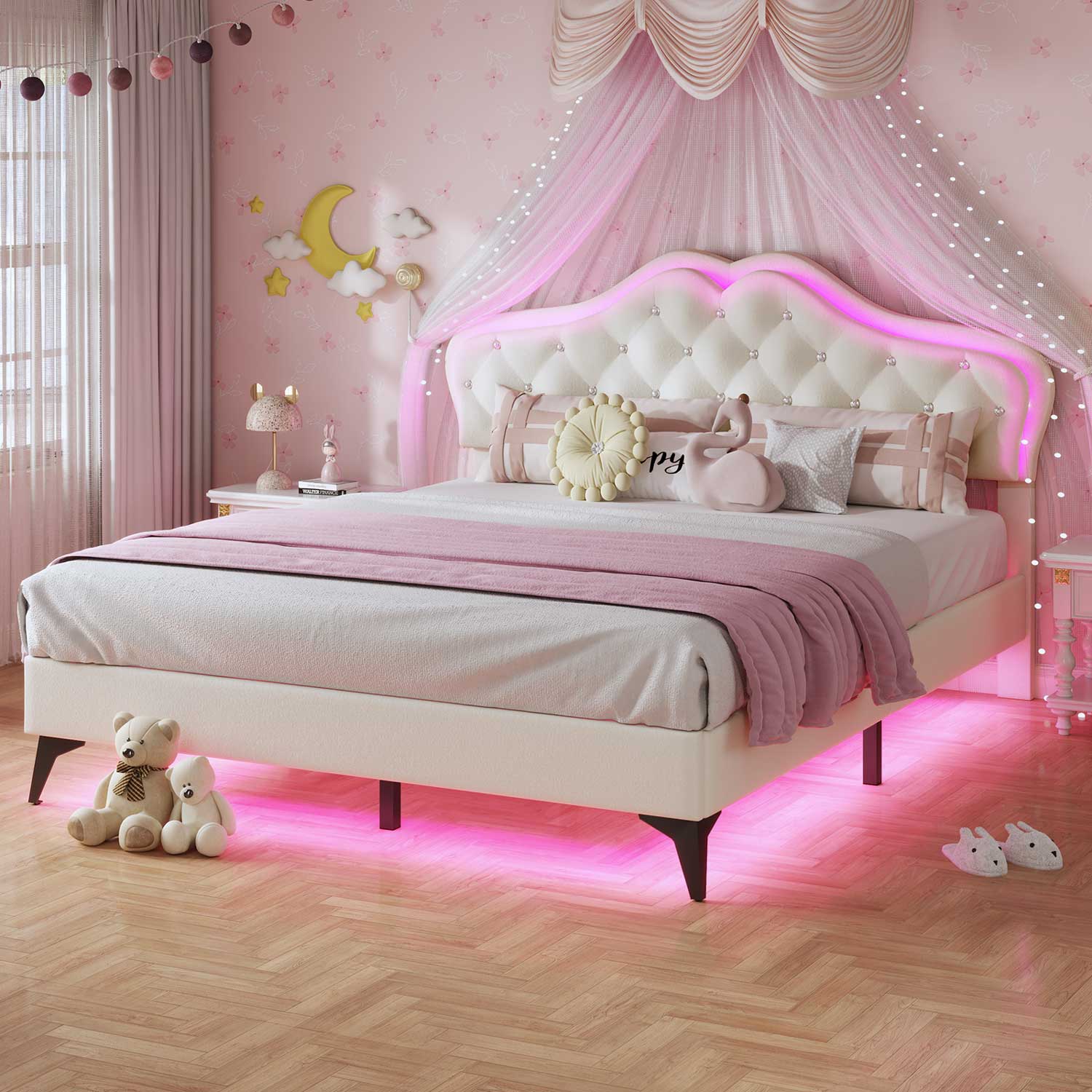 Sikaic Bed Frame Princess Velvet Upholstered Platform Bed Frame with Adjustable Crystal Button Headboard and RGB LED Lights Creamy White