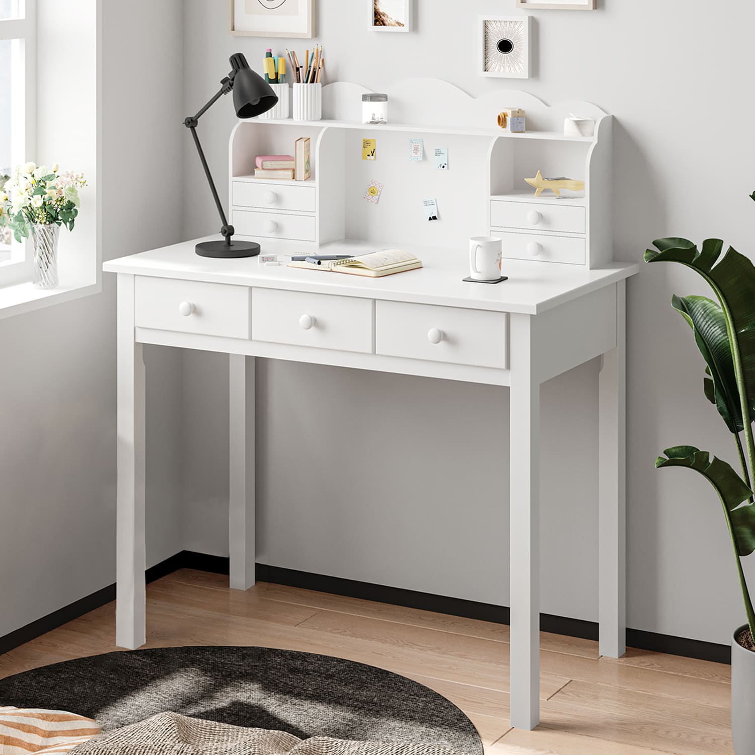 Sikaic Solid Pine Wood Legs Writing Desk with 7 Drawers White