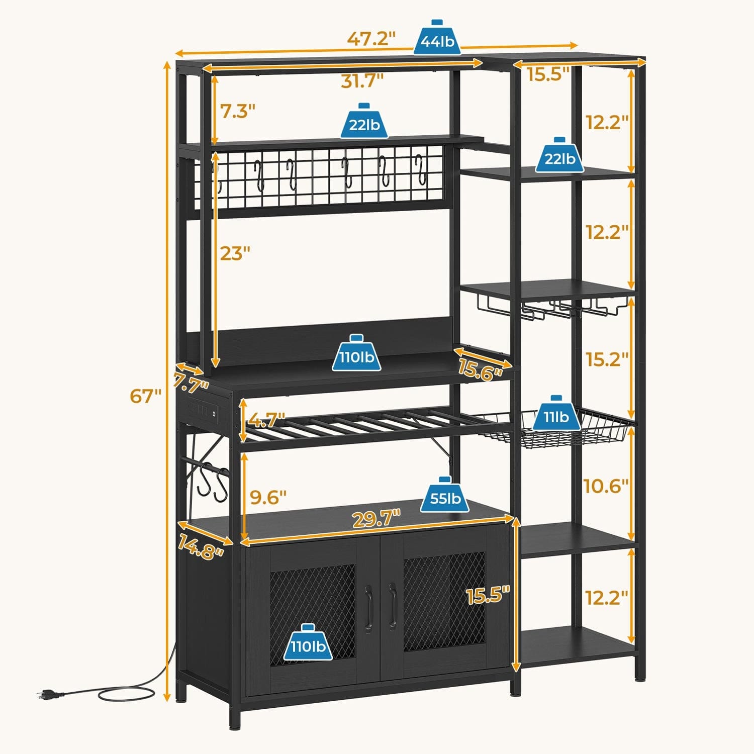 Sikaic Coffee Bar Coffee Bar Bakers Rack with Power Outlet Kitchen Microwave Stand Wire Basket Metal Grid Wine Rack Goblet Holder Hooks Black
