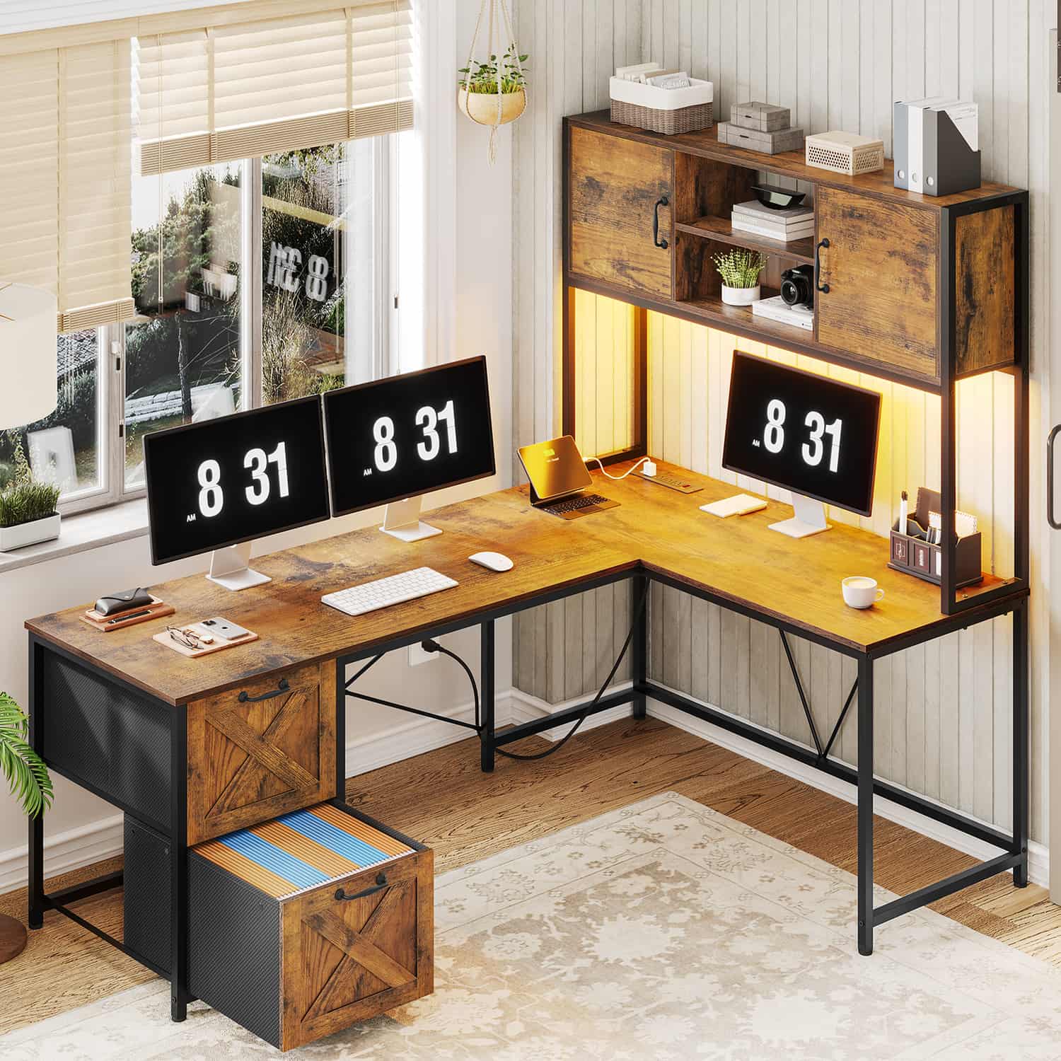 Sikaic Gaming Desk LED lights L Shaped Gaming Desk with Fabric File Drawers and Power Outlet Hutch & Storage Shelves Rustic Brown