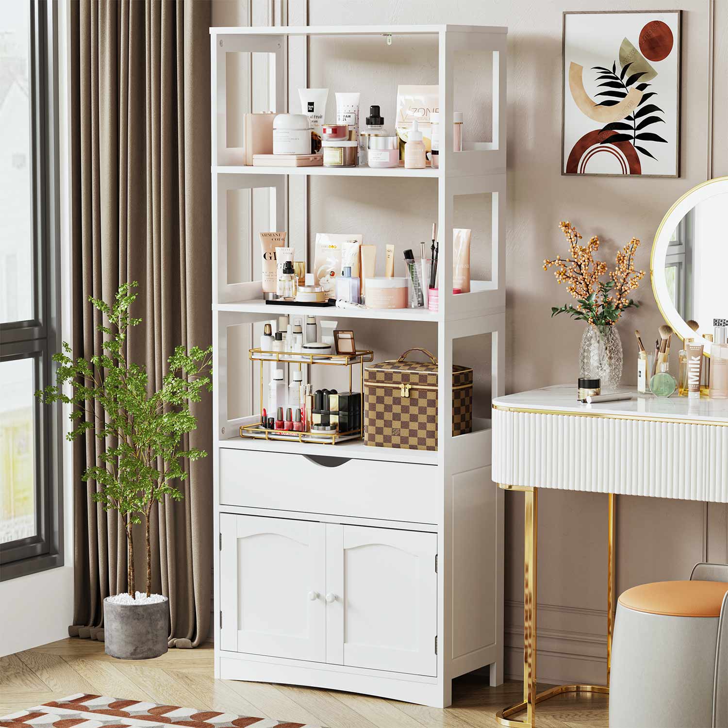 Sikaic Cabinets & Storage 64 Inches Freestanding Storage Cabinet with Shelves and Drawer Microwave Space Cupboard White
