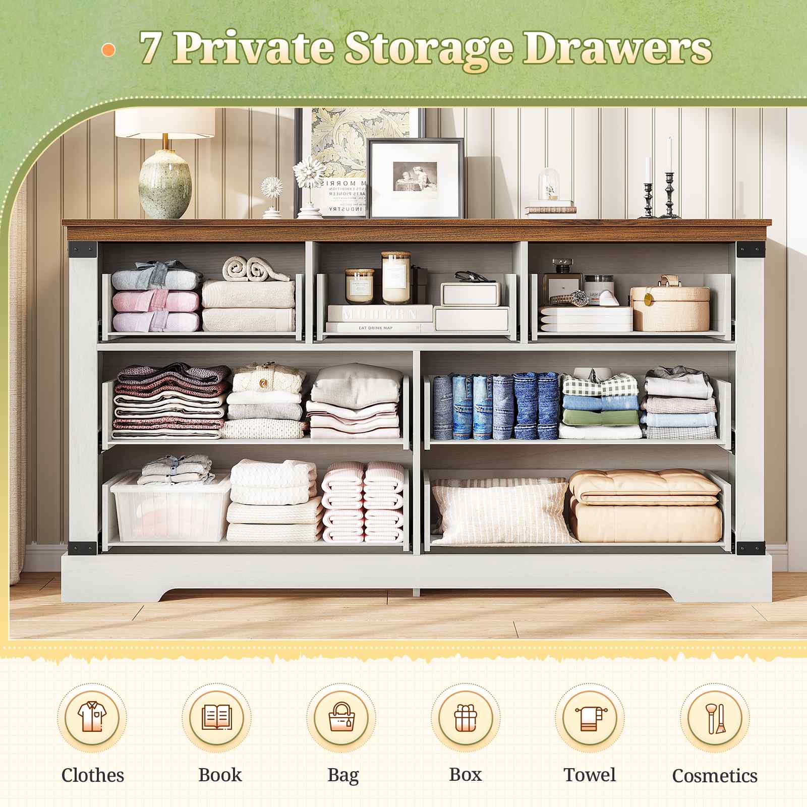 Sikaic Dresser Large Multifunctional Dresser with 7 Drawers White White / Engineered Wood / Farmhouse