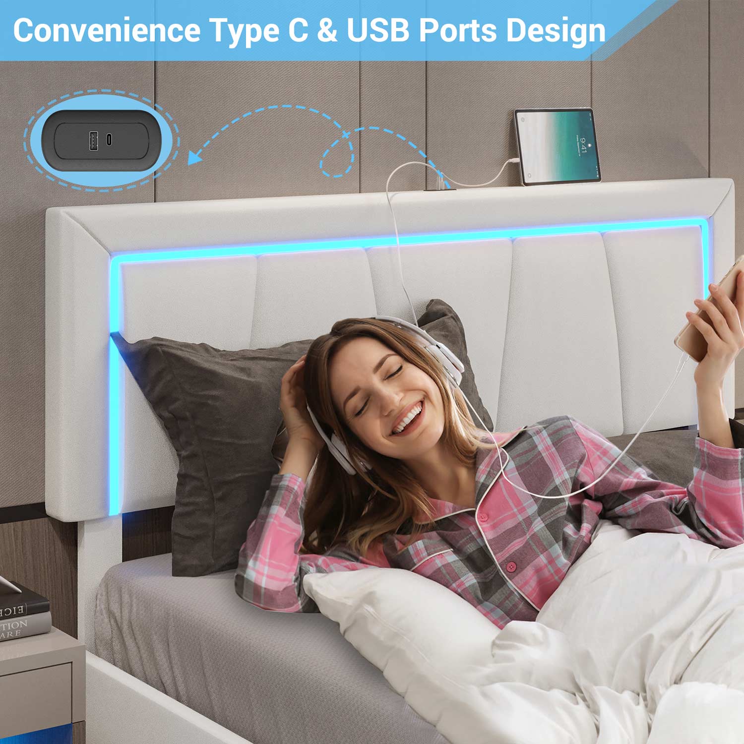 Sikaic Beds & Bed Frames Faux Leather Platform LED Bed Frame with Storage Drawers and USB Ports Adjustable Headboard White