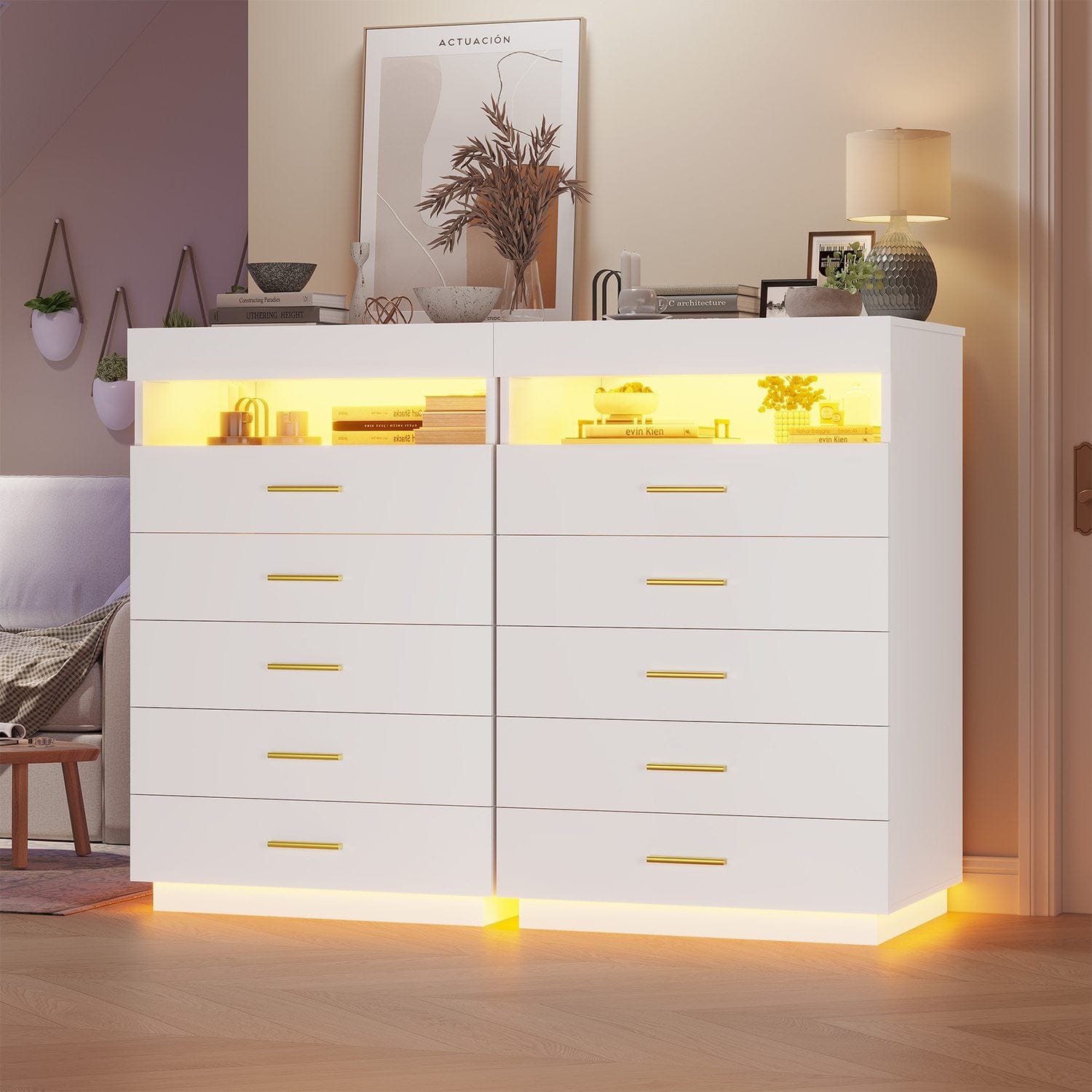 Sikaic Dresser Modern Floating White Dresser Chest of 5 Drawers with Pull-Out Shelf and Open Storage & LED Lights