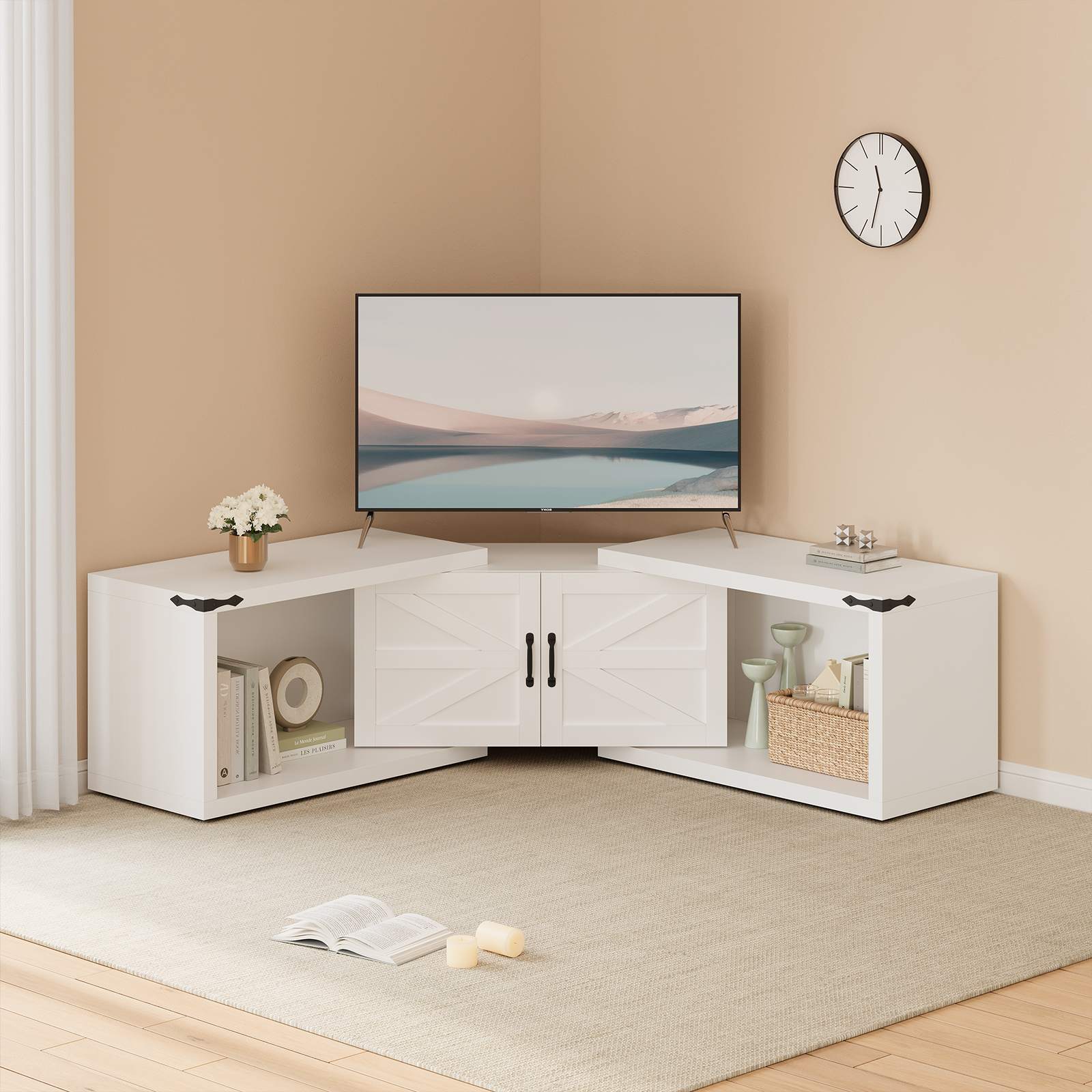 Sikaic TV Stands 86 Inches Deformable TV Stand with Storage White White / Engineered Wood / Farmhouse
