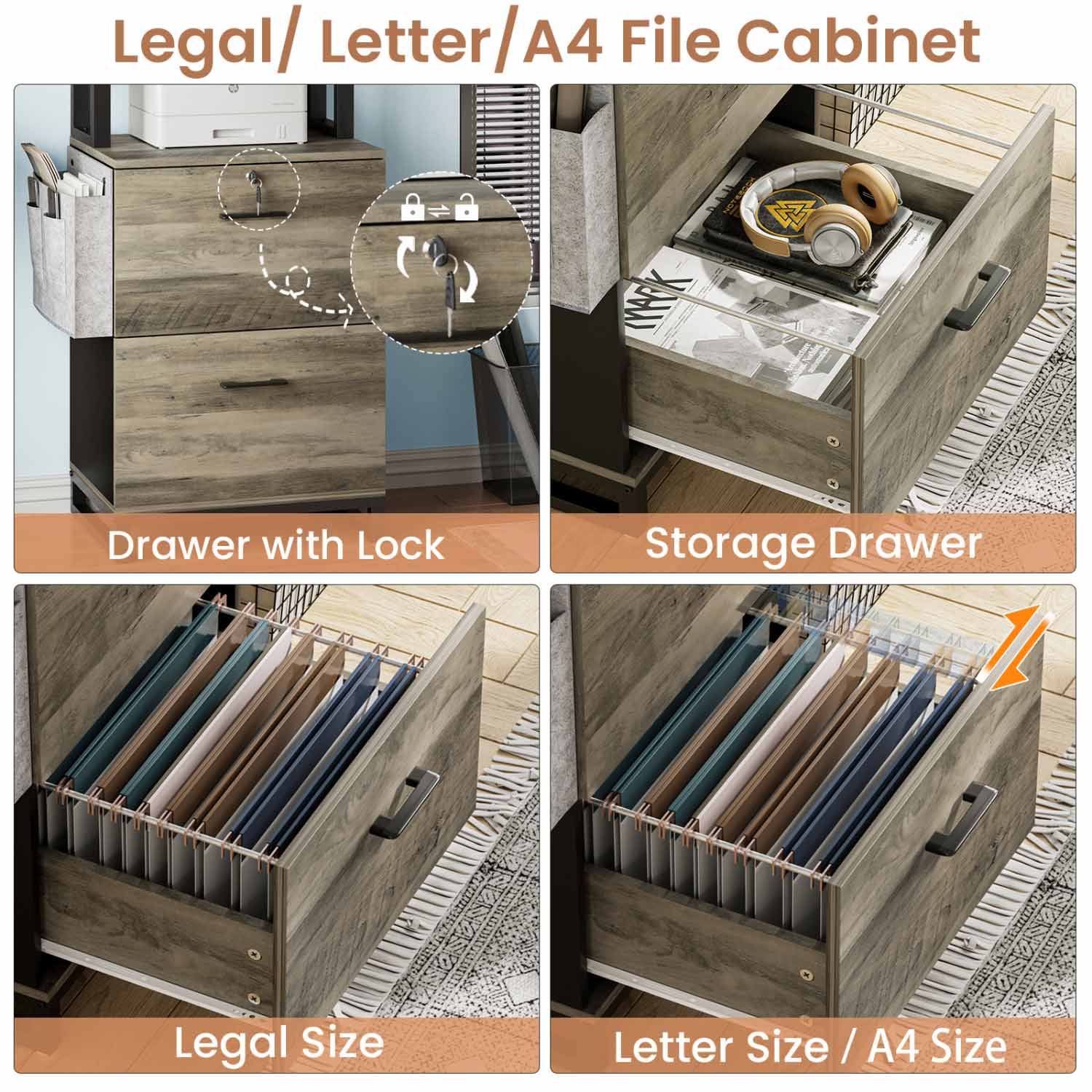 Sikaic File Cabinet 2 Drawer File Cabinet with Lock Adjustable Storage Shelf Oak Grey