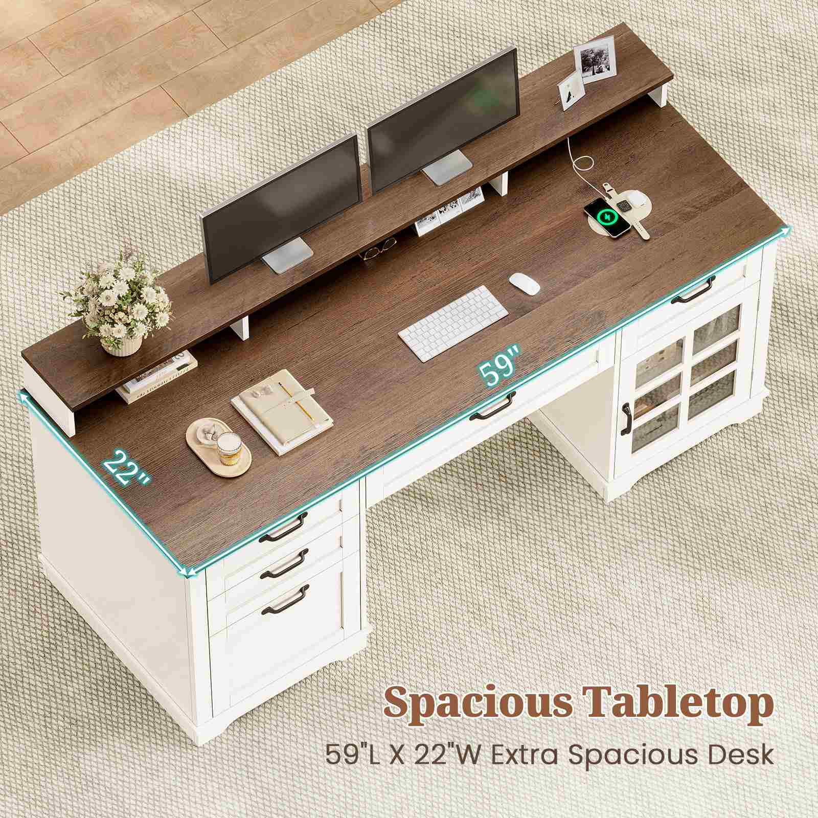 Sikaic Computer Desk 59 Inches Executive Desk with Power Outlet and LED Light White White / Engineered Wood / Farmhouse