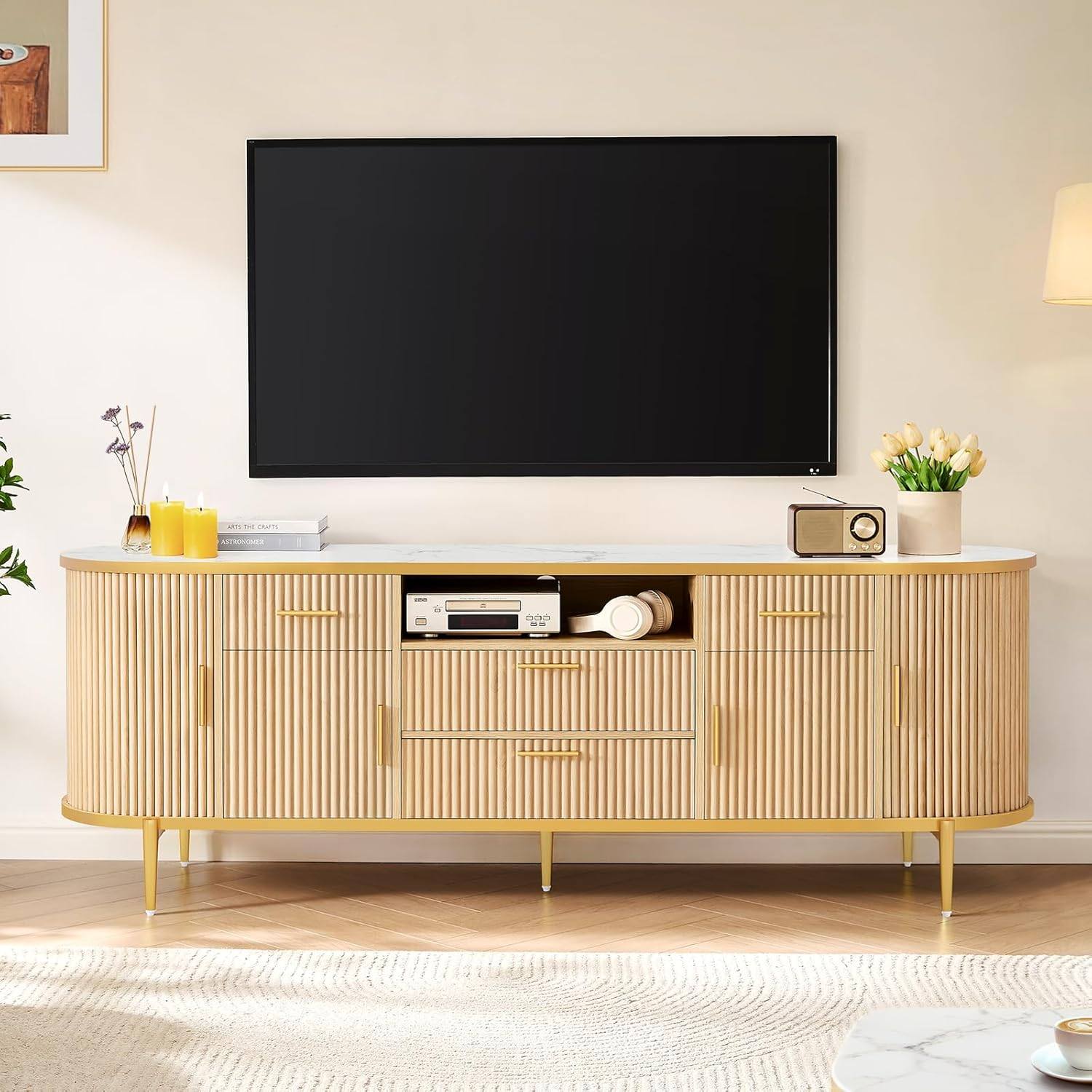 Sikaic TV Stands 70 Inches Fluted TV Stand with Side Sliding Door Natural Oak Natural Color / Engineered Wood / Modern