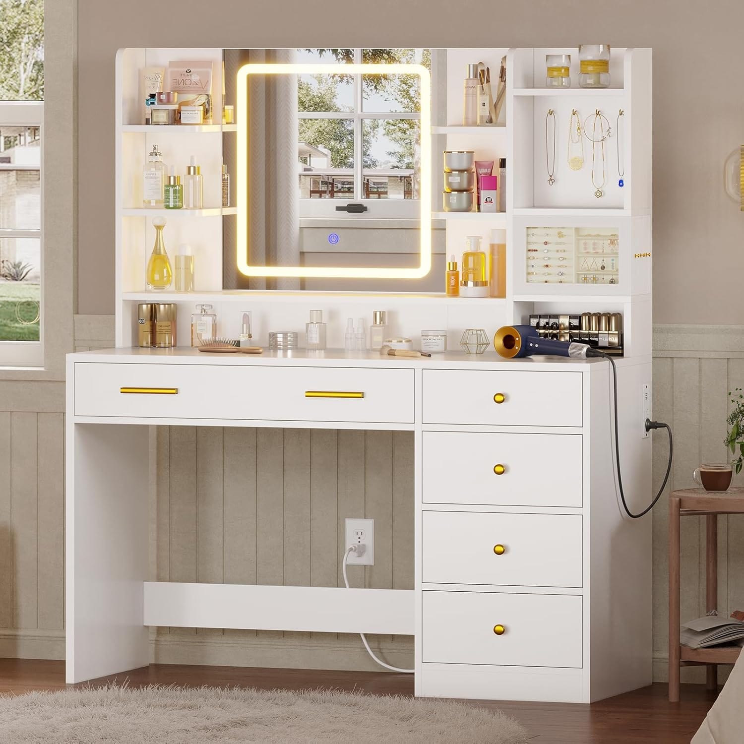 Sikaic Makeup Vanity LED Makeup Vanity with Touch Screen Mirror and Charging Station White White / Engineered Wood / Modern
