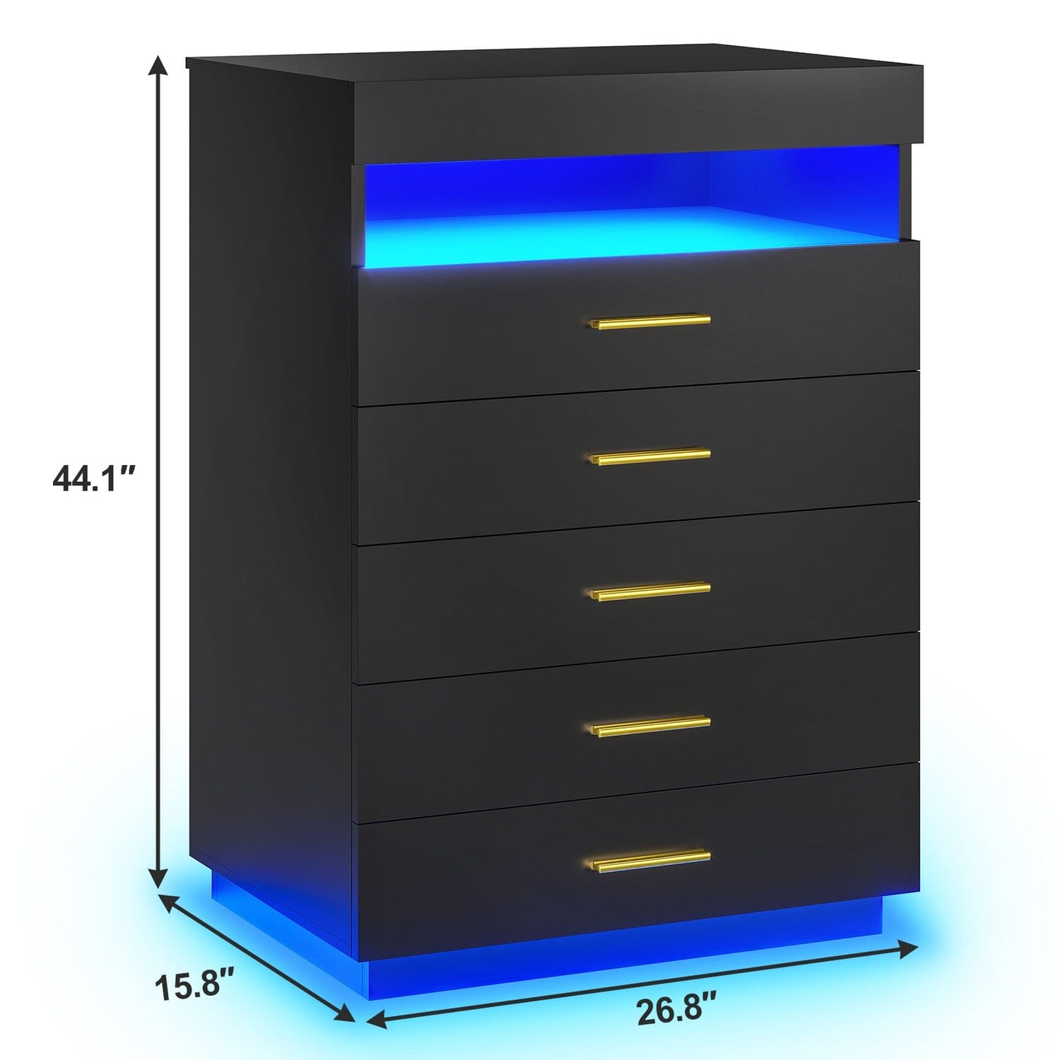 Sikaic Dresser Modern Floating Black Dresser Chest of 5 Drawers with Pull-Out Shelf and Open Storage & LED Lights