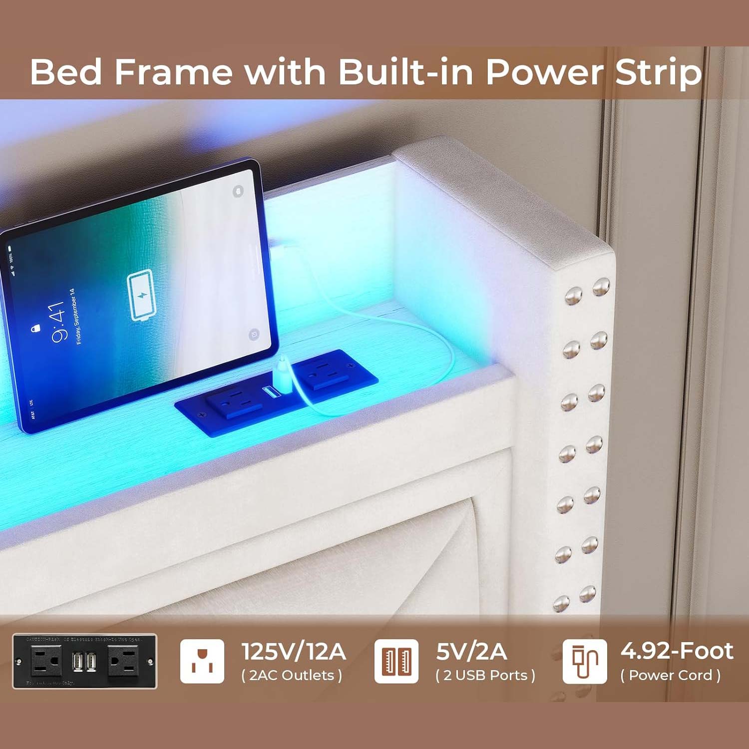 Sikaic Bed Frame King Size Led Bed Frame with Tall Headboard and Charging Station Beige