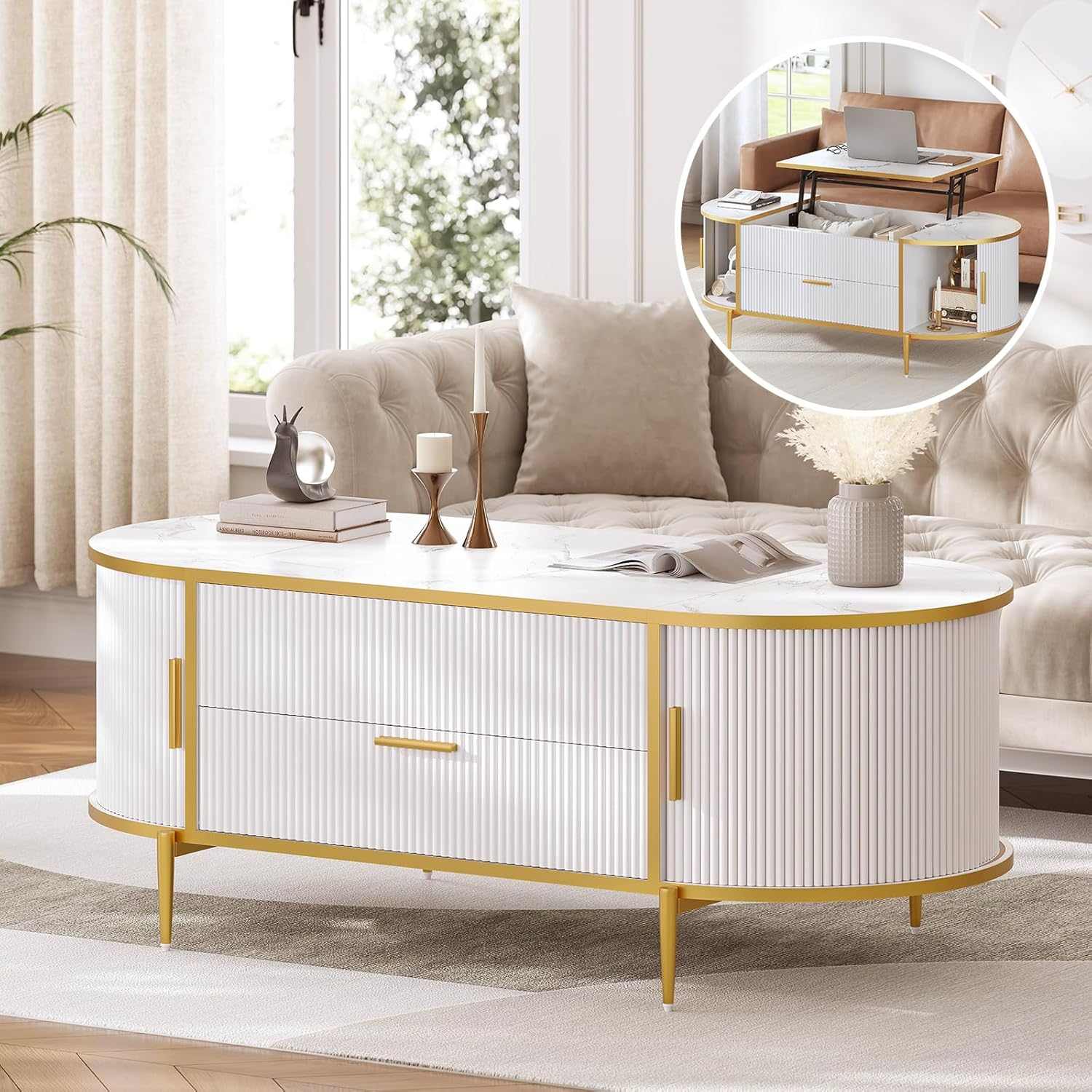 Sikaic Coffee Table Fluted Lift Top Coffee Table with Storage White White / Engineered Wood / Modern