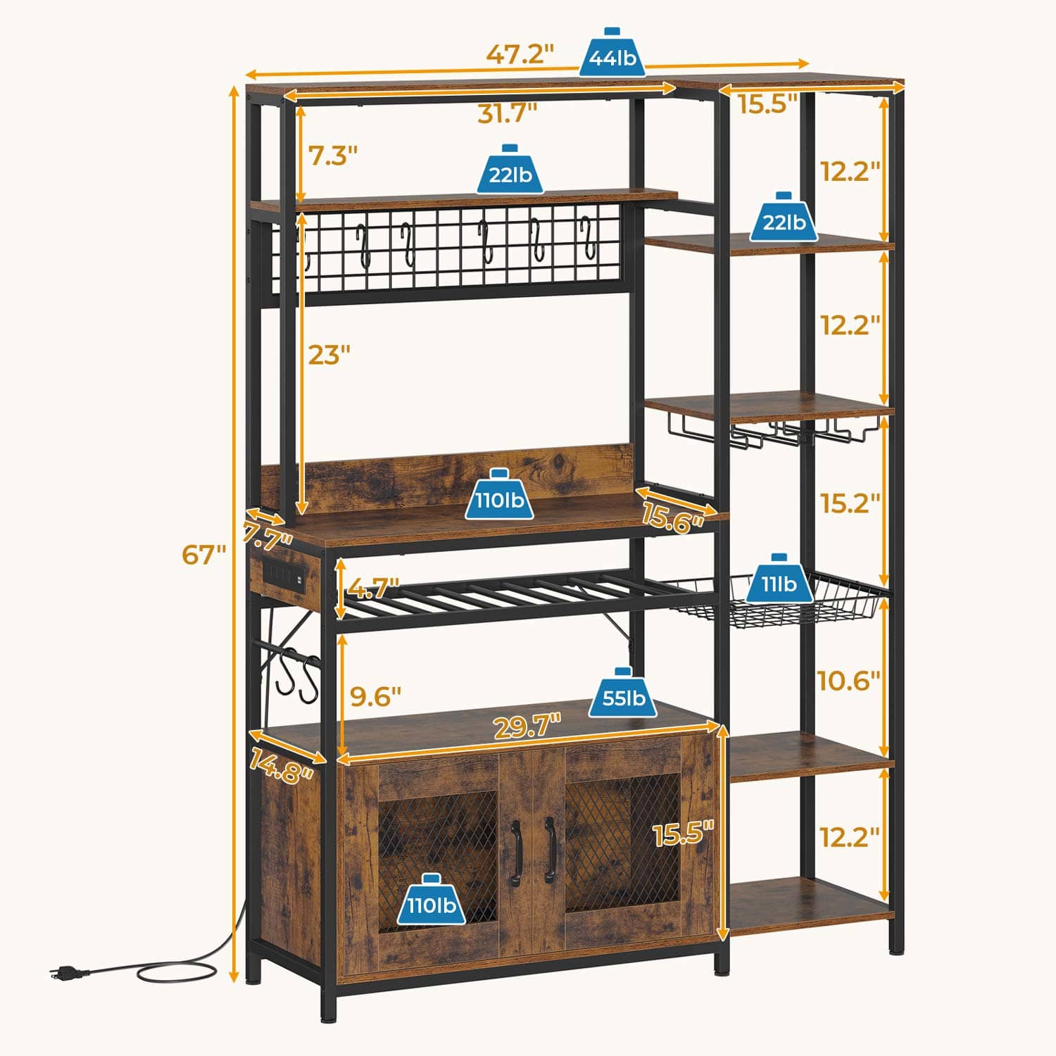 Sikaic Coffee Bar Coffee Bar Bakers Rack with Power Outlet Kitchen Microwave Stand Wire Basket Metal Grid Wine Rack Goblet Holder Hooks Brown
