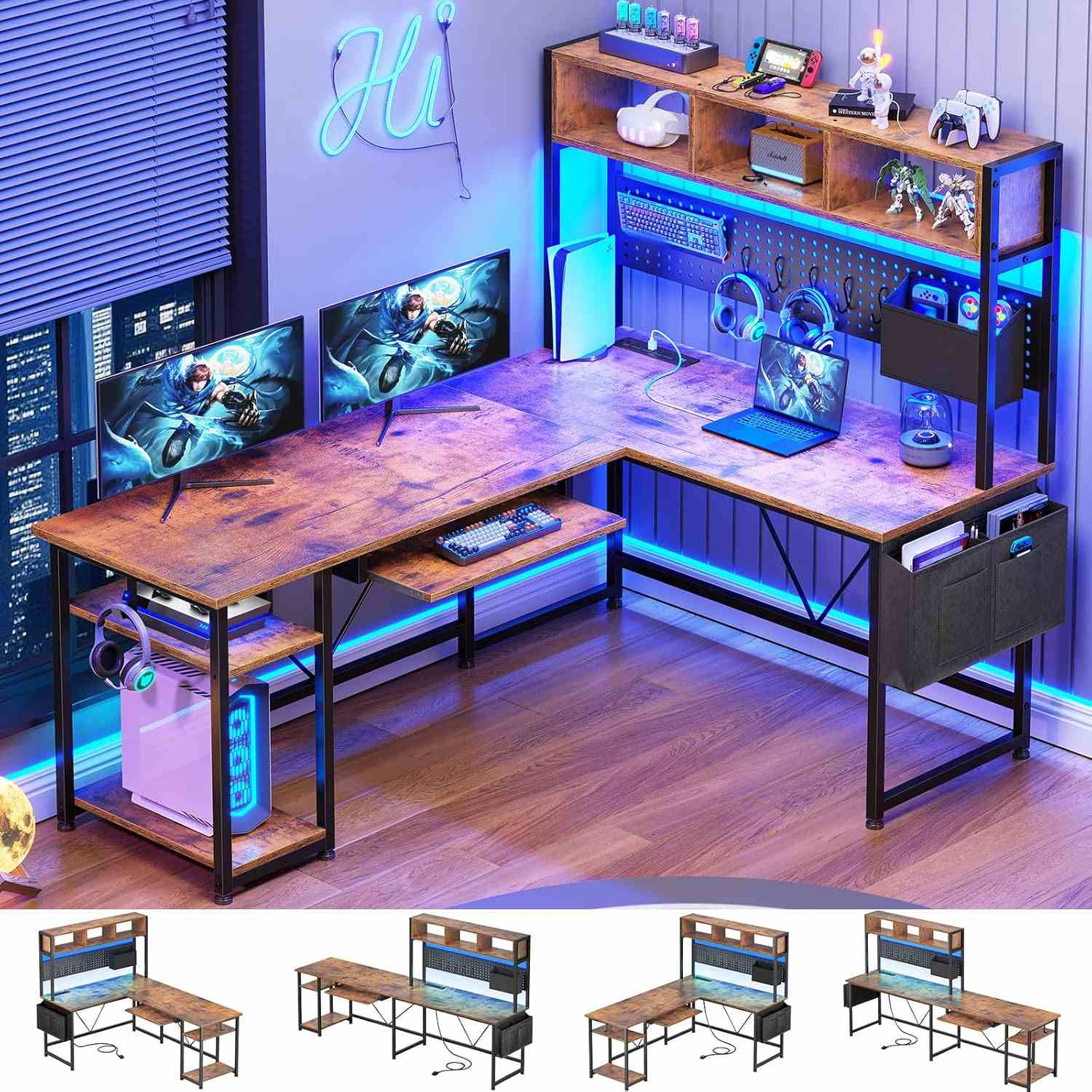 Sikaic Gaming Desk 57.5 Inches Reversible L Shaped Gaming Desk with LED Lights and Power Outlet Rustic Brown Brown / Engineered Wood / Modern