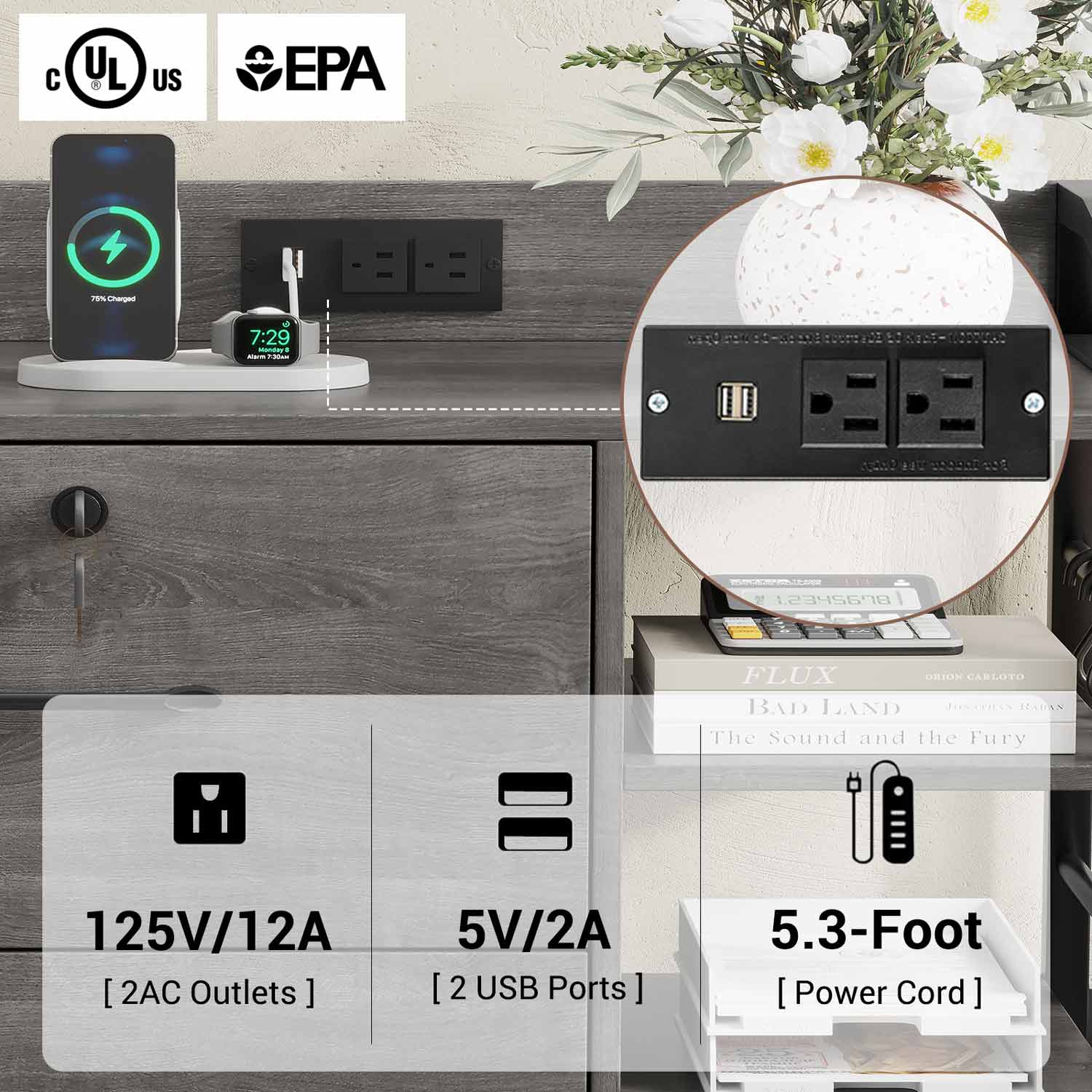Sikaic File Cabinet 44 Inches File Cabinet with 2 Drawers Lock Power Strip Storage Shelves Grey