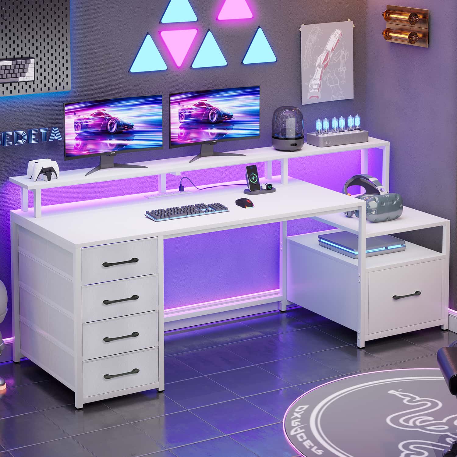 Sikaic Gaming Desk 66 inches LED Gaming Desk with File Drawer Power Outlet  Printer Cabinet and Monitor Shelf White